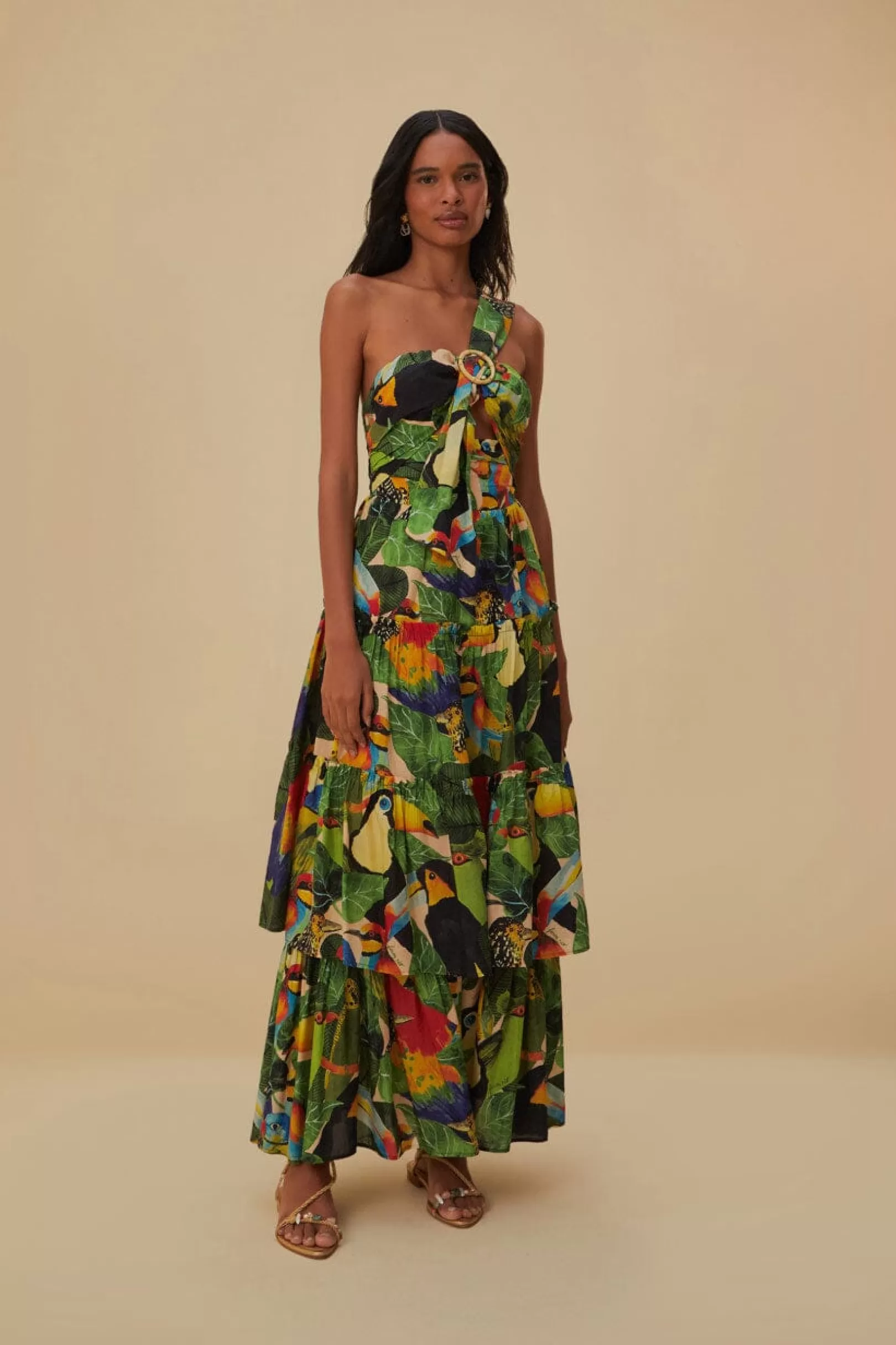 FARM Rio  BIRD LEAVES SAND ONE SHOULDER MAXI DRESS Fashion