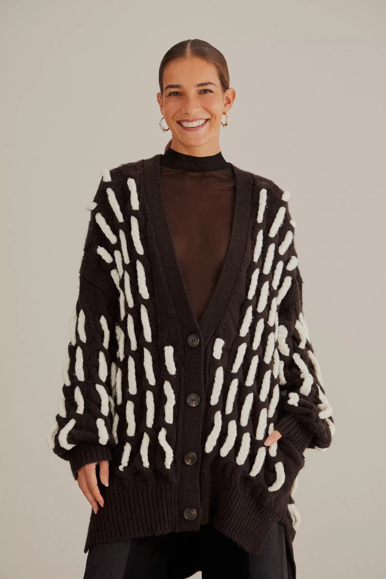 FARM Rio  BLACK AND WHITE TEXTURED KNIT CARDIGAN Flash Sale