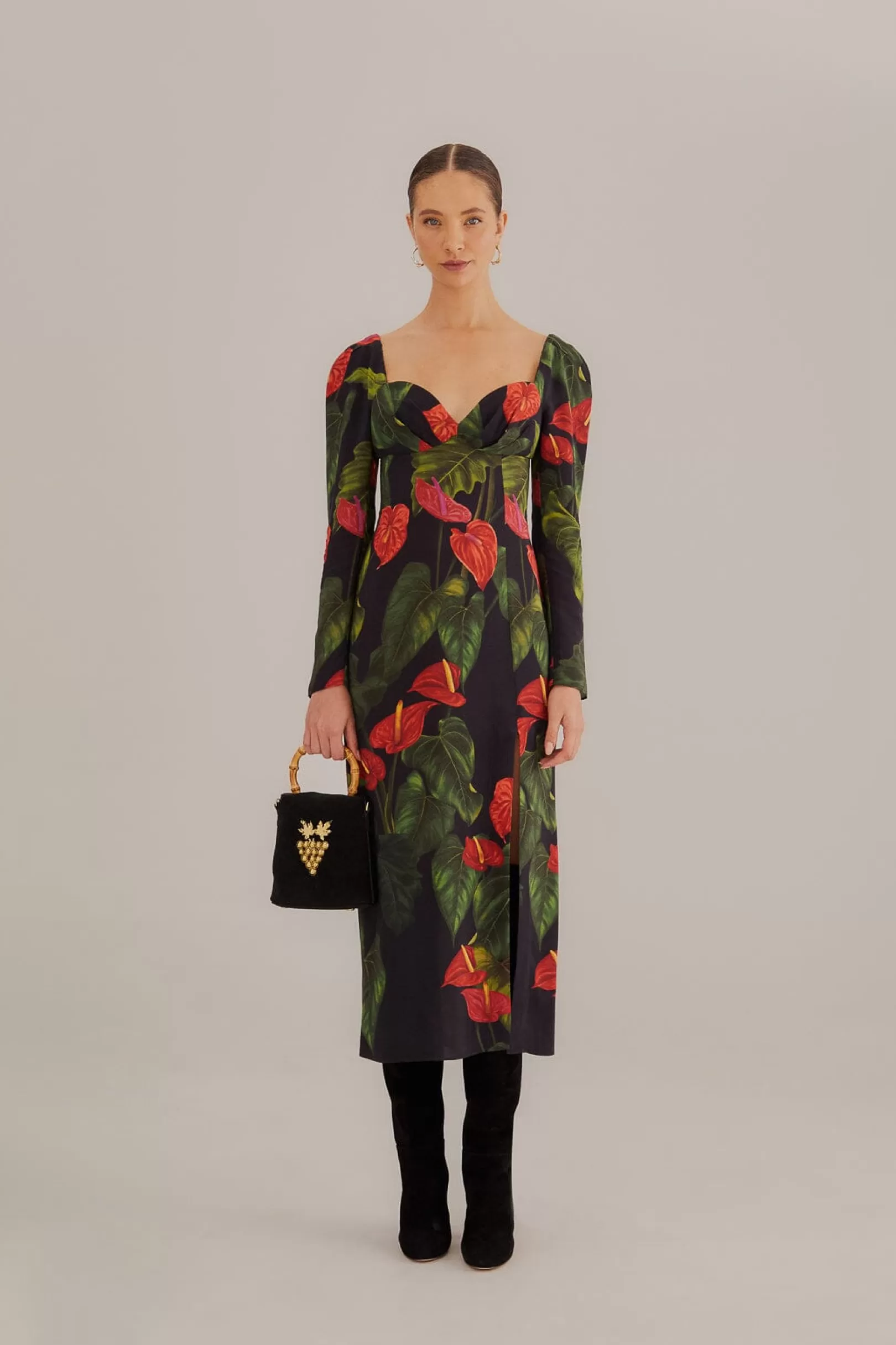 FARM Rio  BLACK ANTHURIUM SLIT MIDI DRESS Clearance