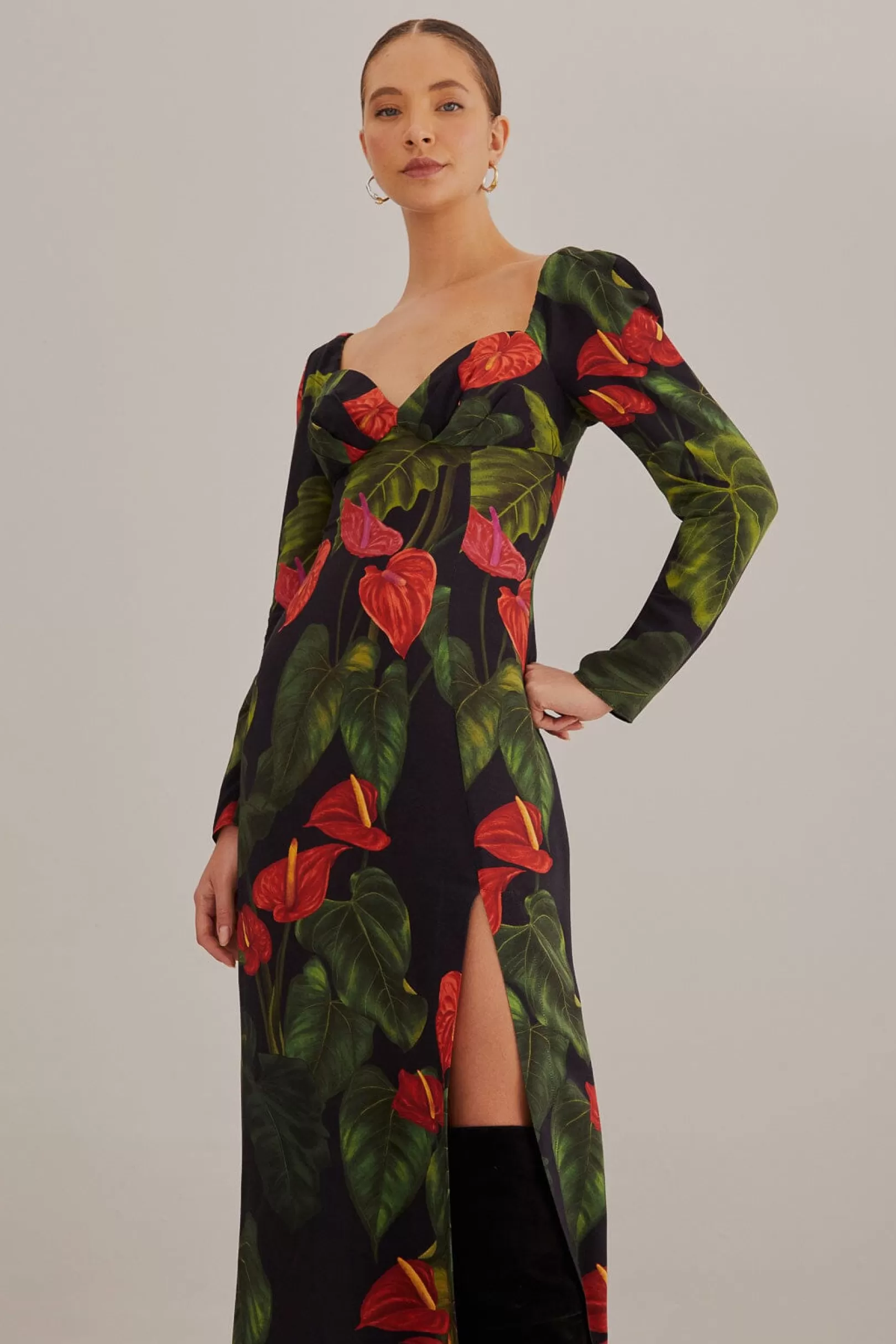 FARM Rio  BLACK ANTHURIUM SLIT MIDI DRESS Clearance