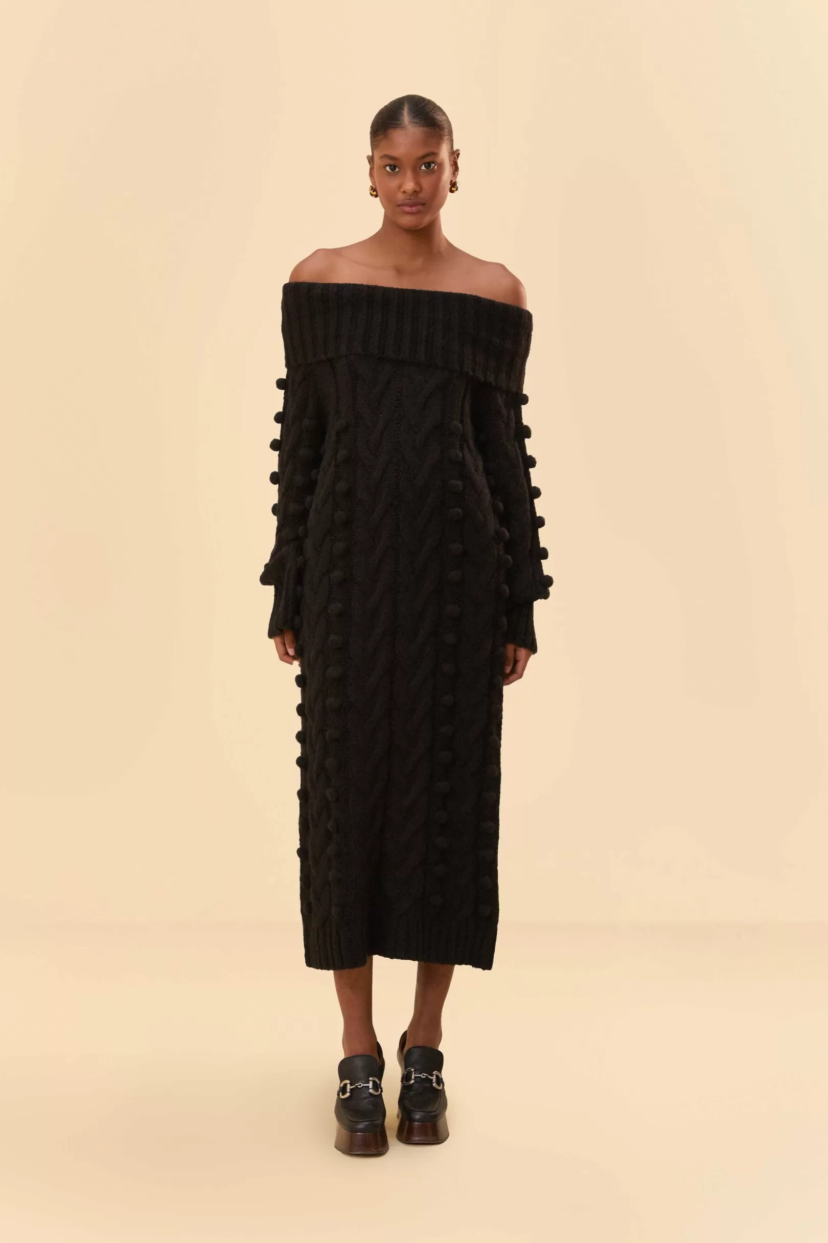 FARM Rio  BLACK BRAIDED MIDI SWEATER DRESS Outlet