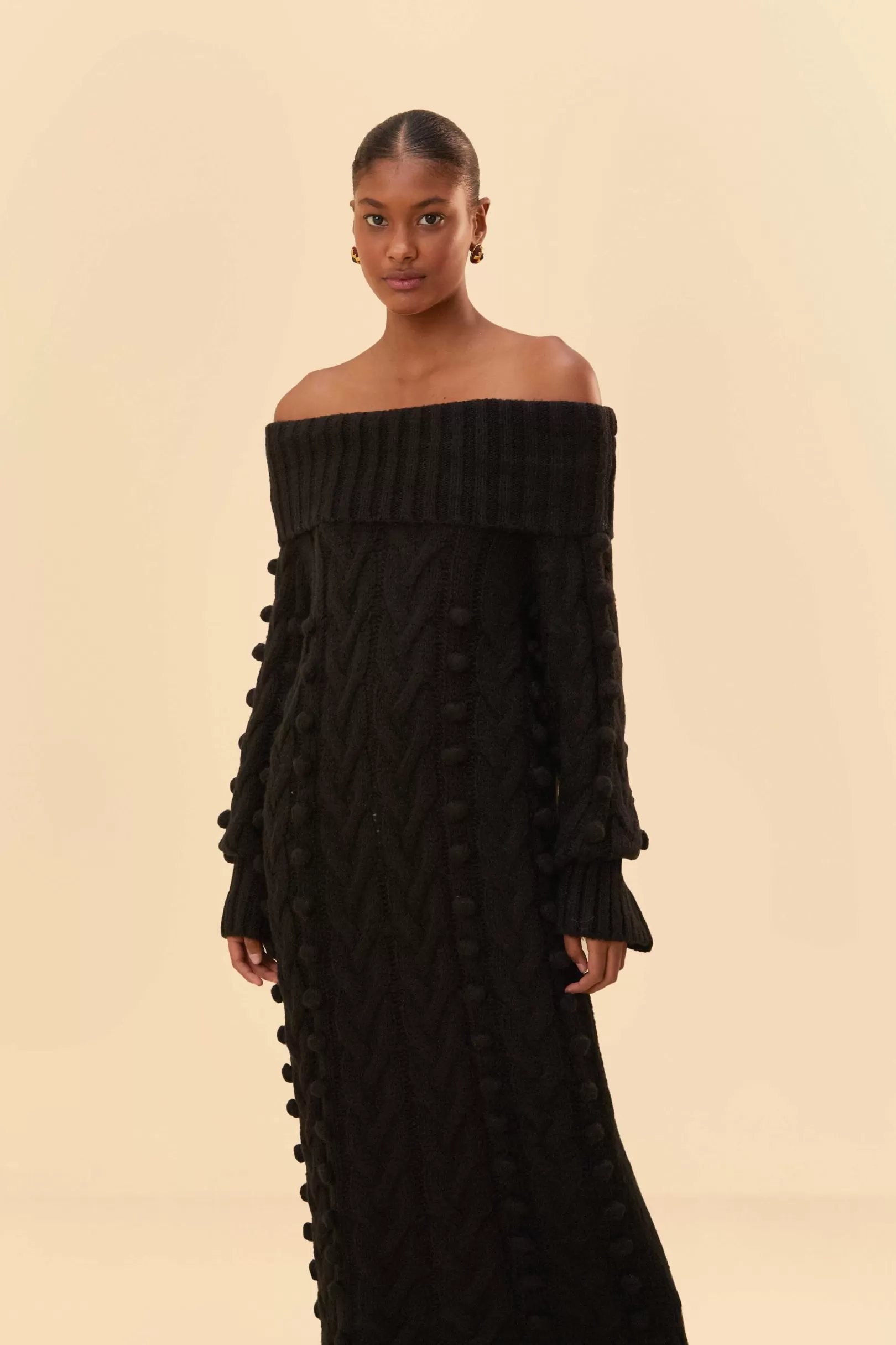 FARM Rio  BLACK BRAIDED MIDI SWEATER DRESS Outlet