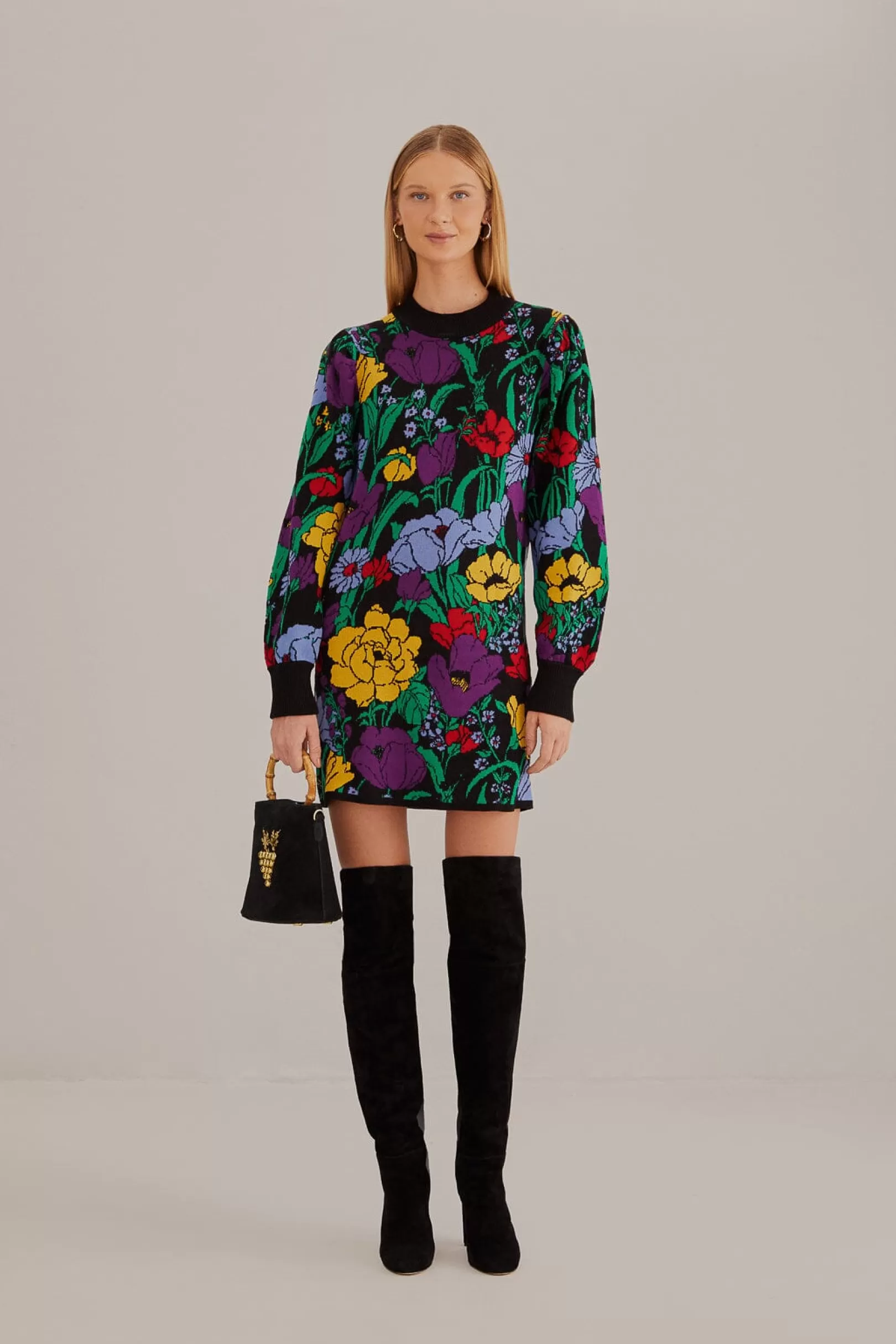 FARM Rio  BLACK BUCOLIC GARDEN SWEATER DRESS Outlet