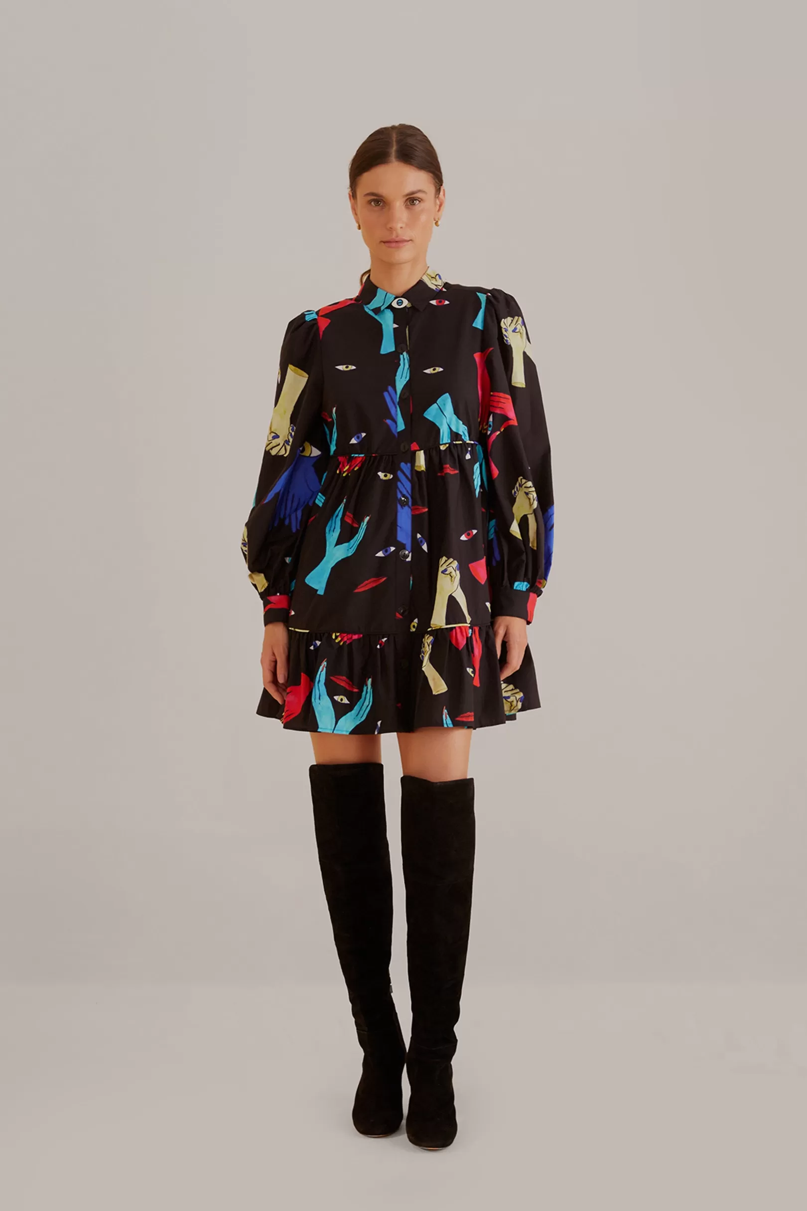 FARM Rio  BLACK COLORFUL TOGETHER  LONG SLEEVE MINI DRESS Store