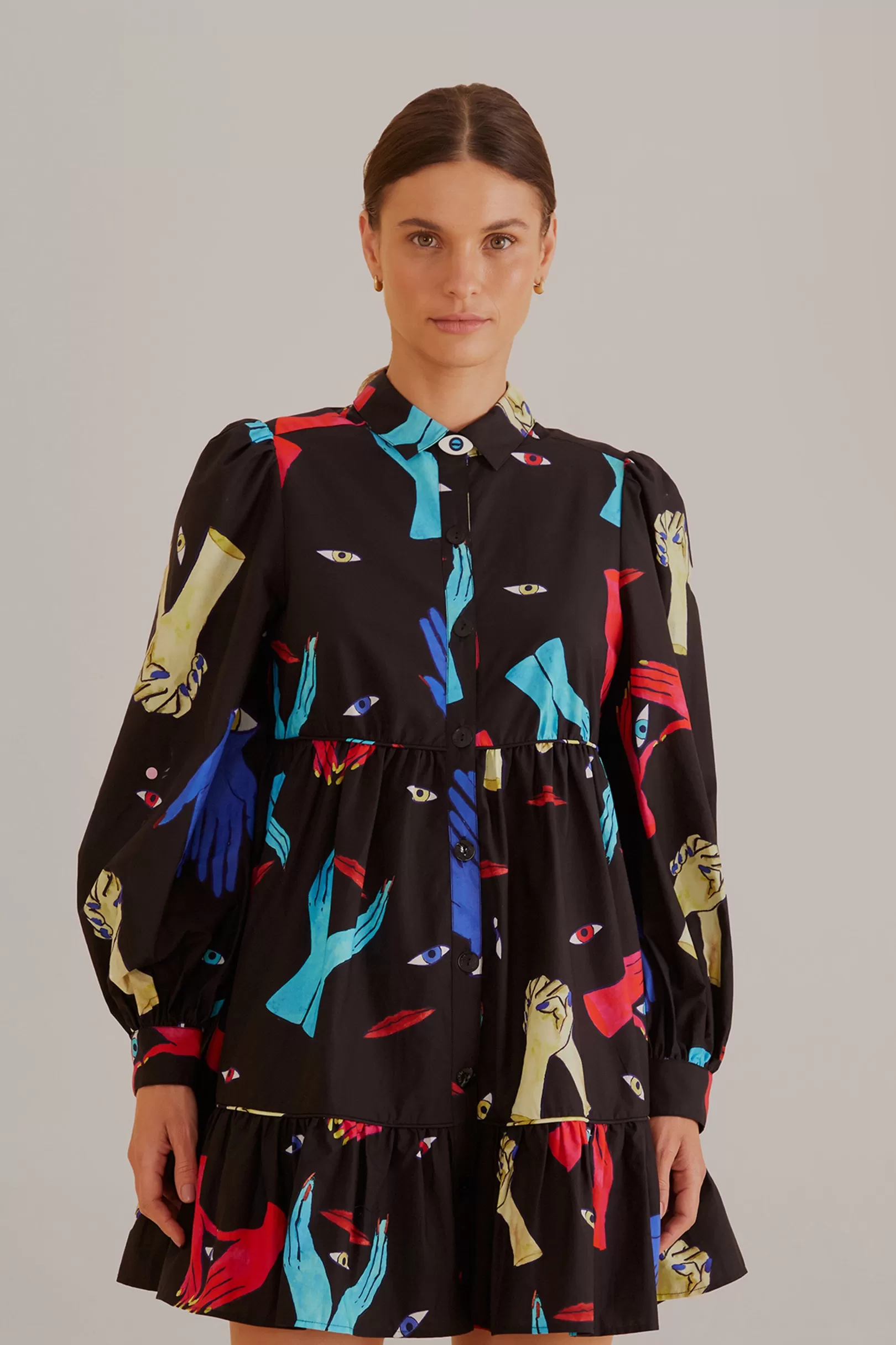 FARM Rio  BLACK COLORFUL TOGETHER  LONG SLEEVE MINI DRESS Store
