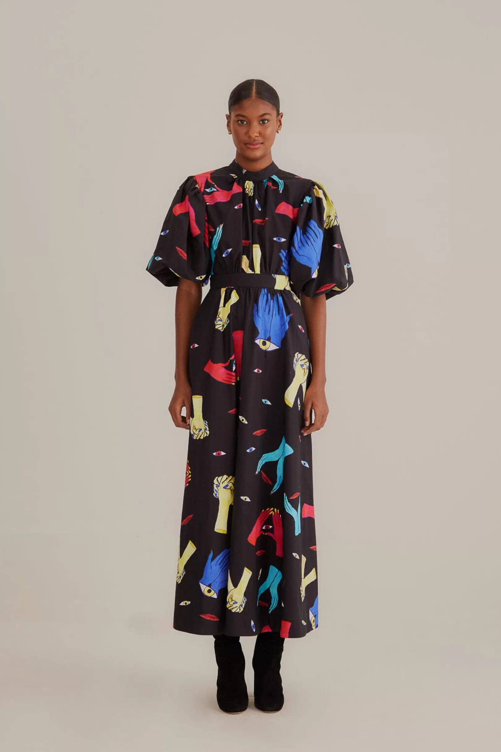 FARM Rio  BLACK COLORFUL TOGETHER SHORT SLEEVE MIDI DRESS Cheap