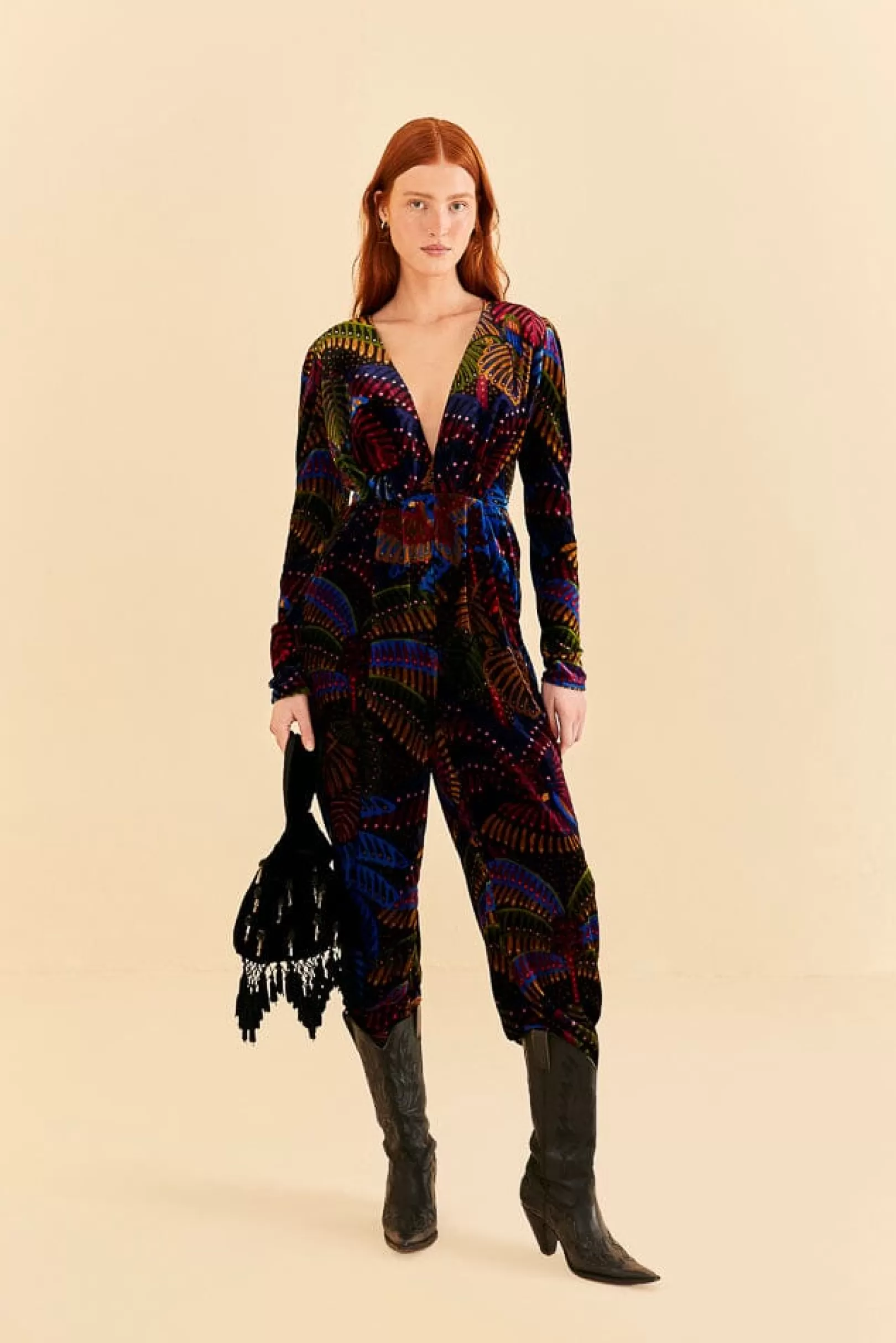 FARM Rio  BLACK MIDNIGHT ISLAND V NECK VELVET JUMPSUIT Sale