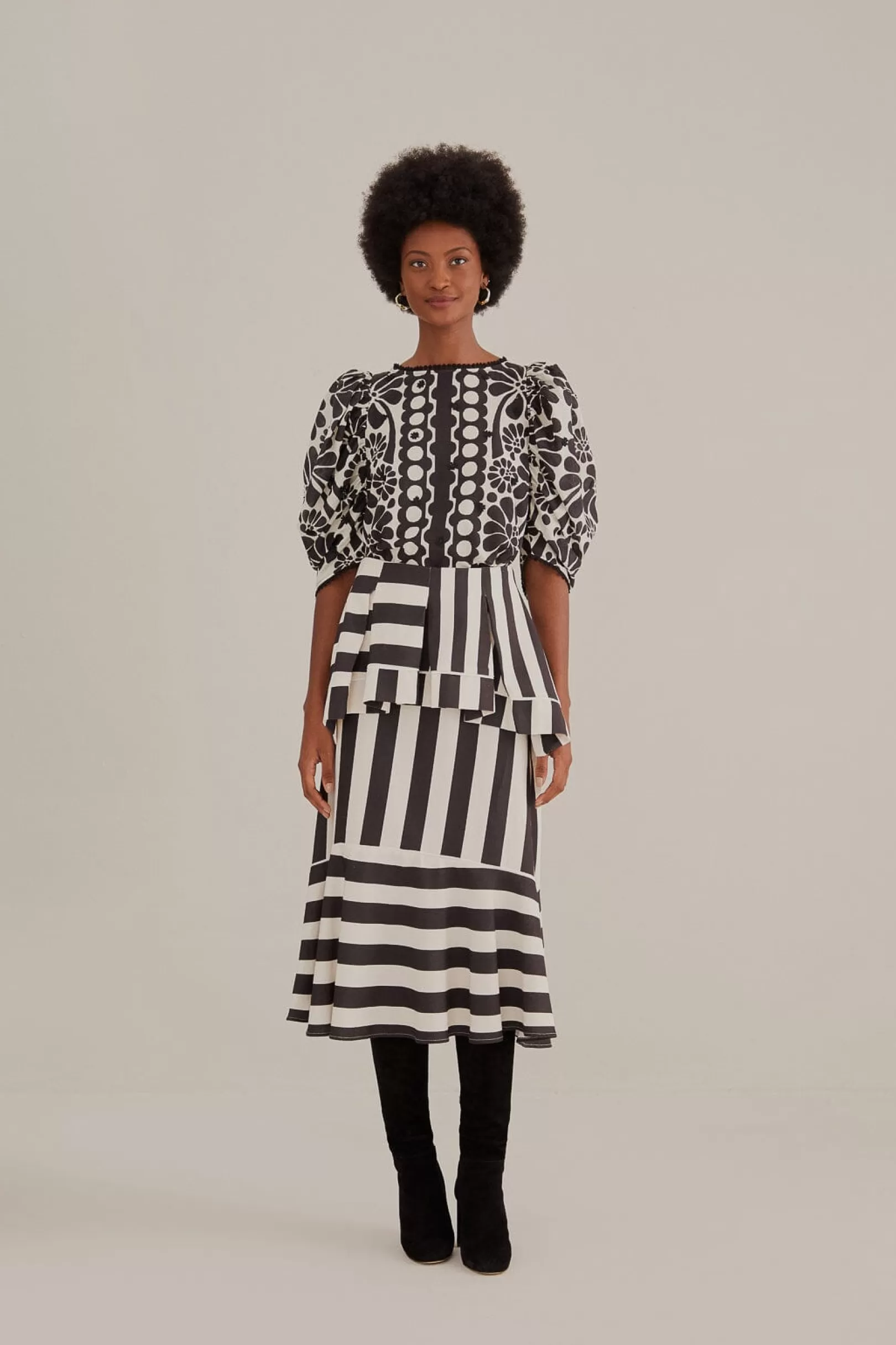 FARM Rio  BLACK MIXED STRIPES MIDI SKIRT Online