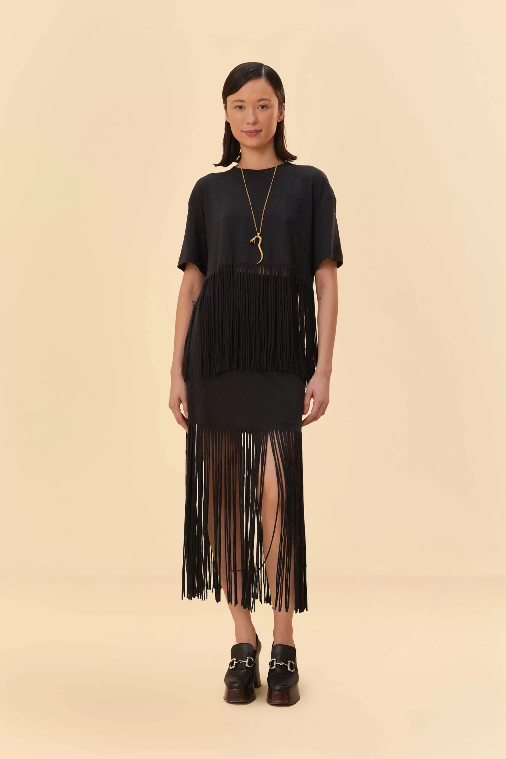 FARM Rio  BLACK ORGANIC COTTON FRINGE MIDI  SKIRT Online