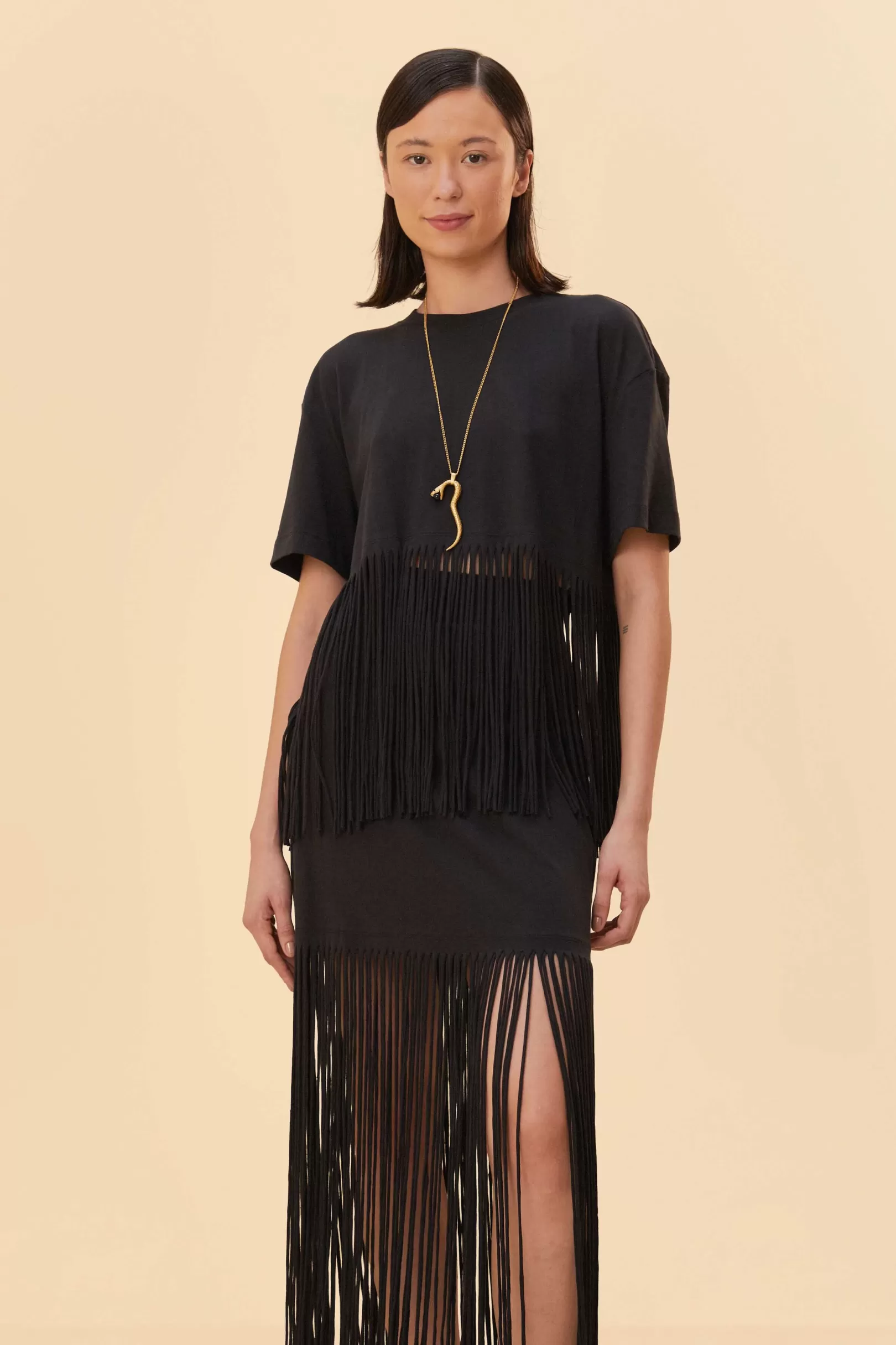 FARM Rio  BLACK ORGANIC COTTON FRINGE MIDI  SKIRT Online