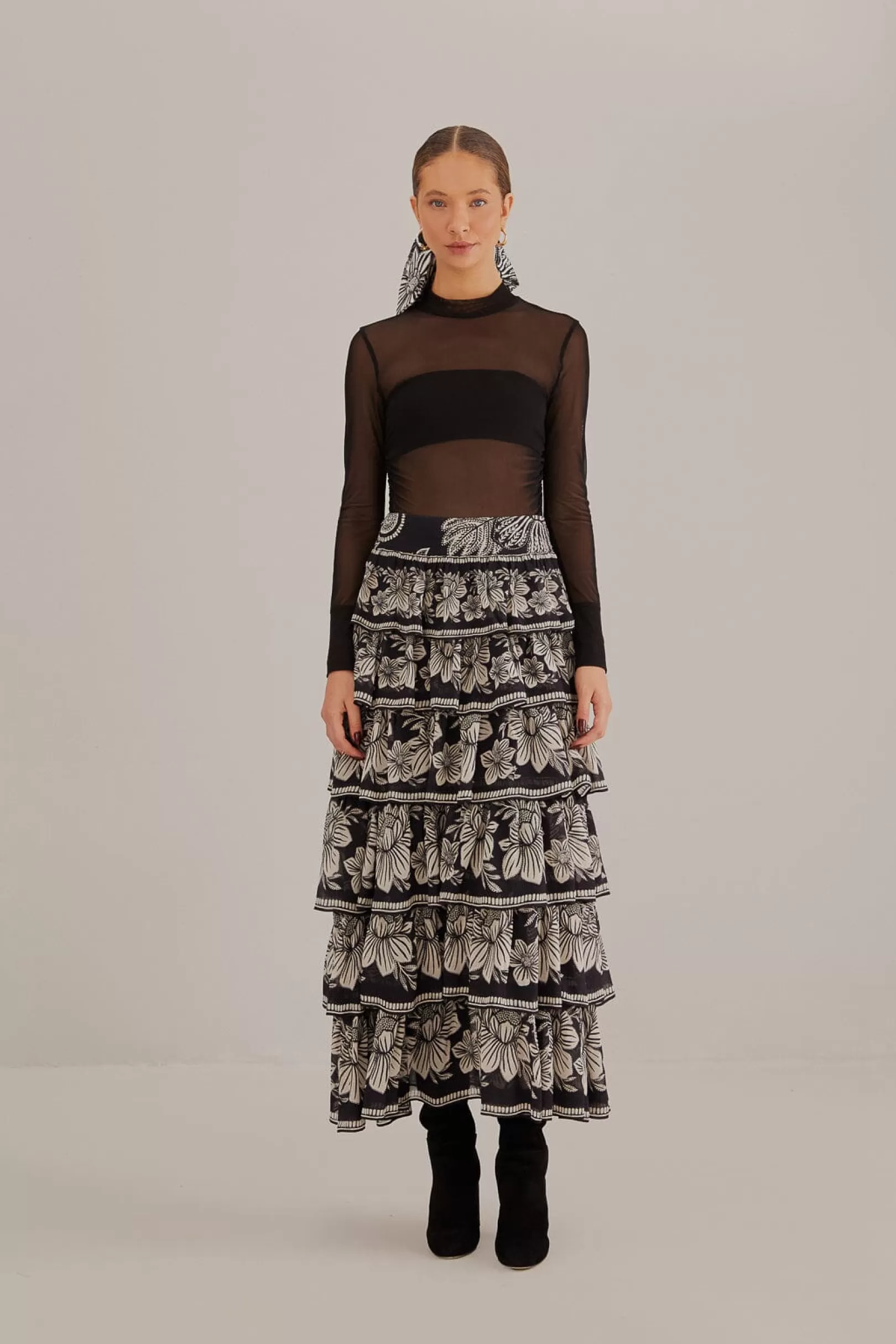 FARM Rio  BLACK PAISLEY BLOOM TIERED SKIRT Store