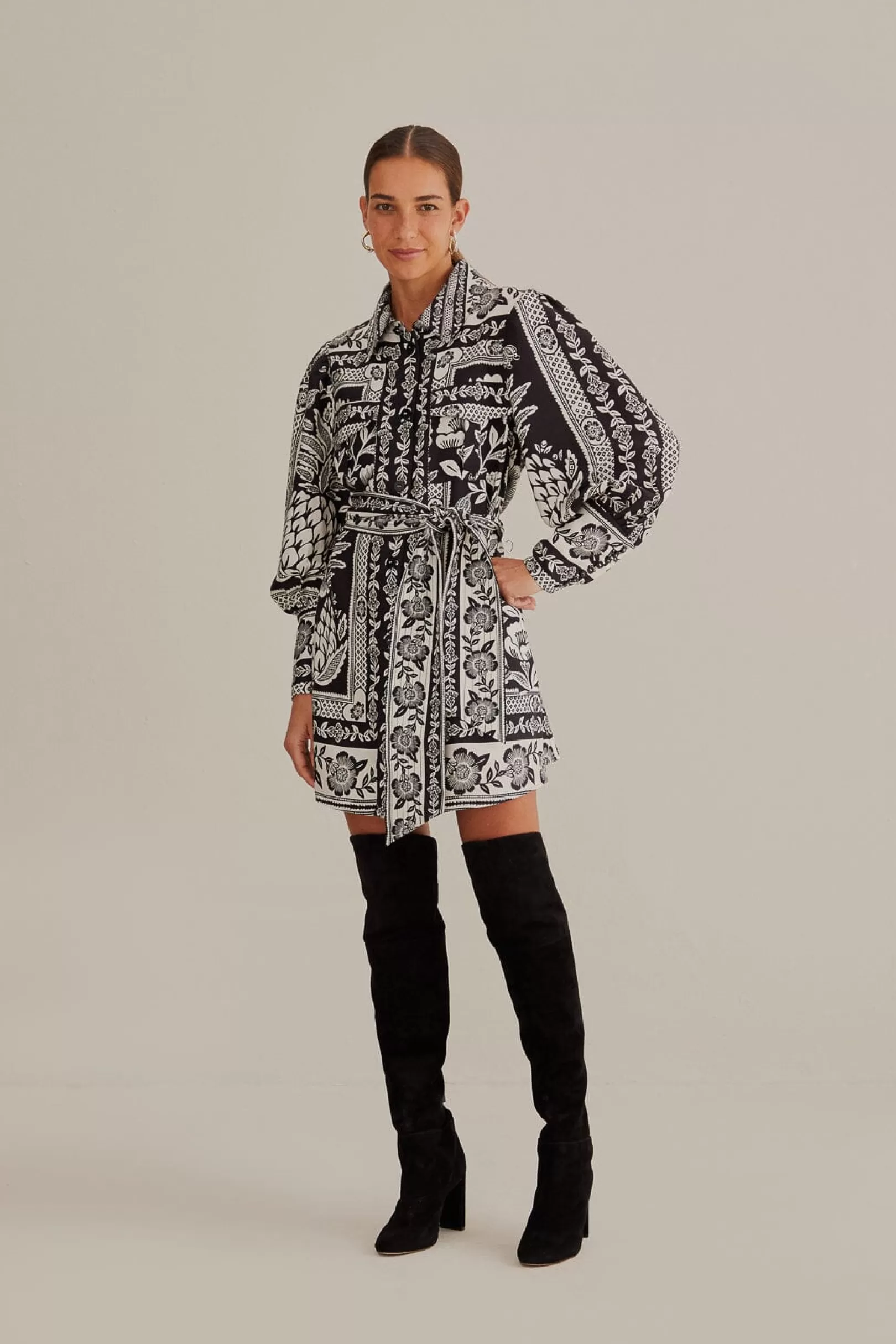 FARM Rio  BLACK PINEAPPLE GARDEN LONG SLEEVE SHIRTDRESS Cheap