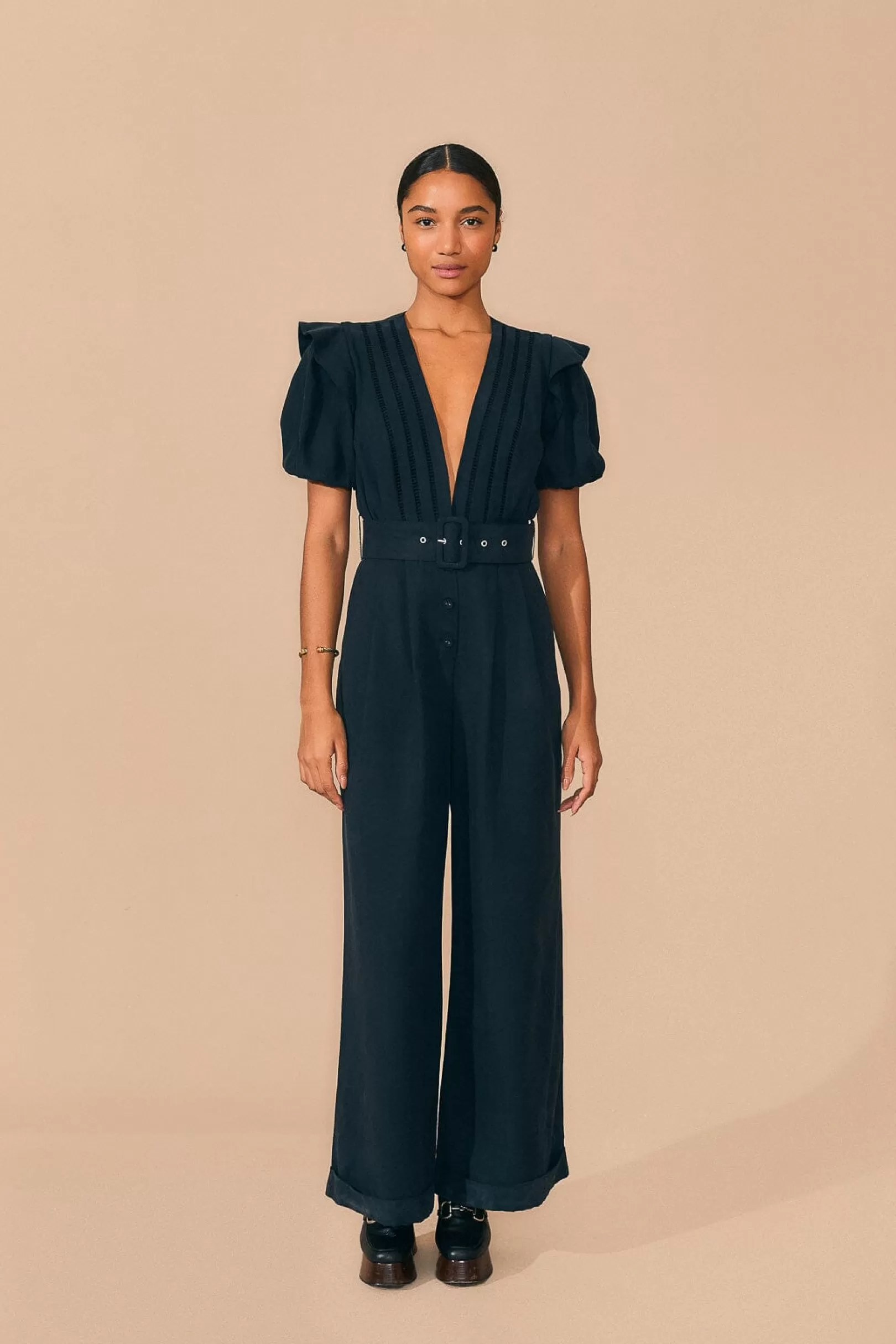 FARM Rio  BLACK PLEATED SHORT SLEEVE JUMPSUIT Clearance