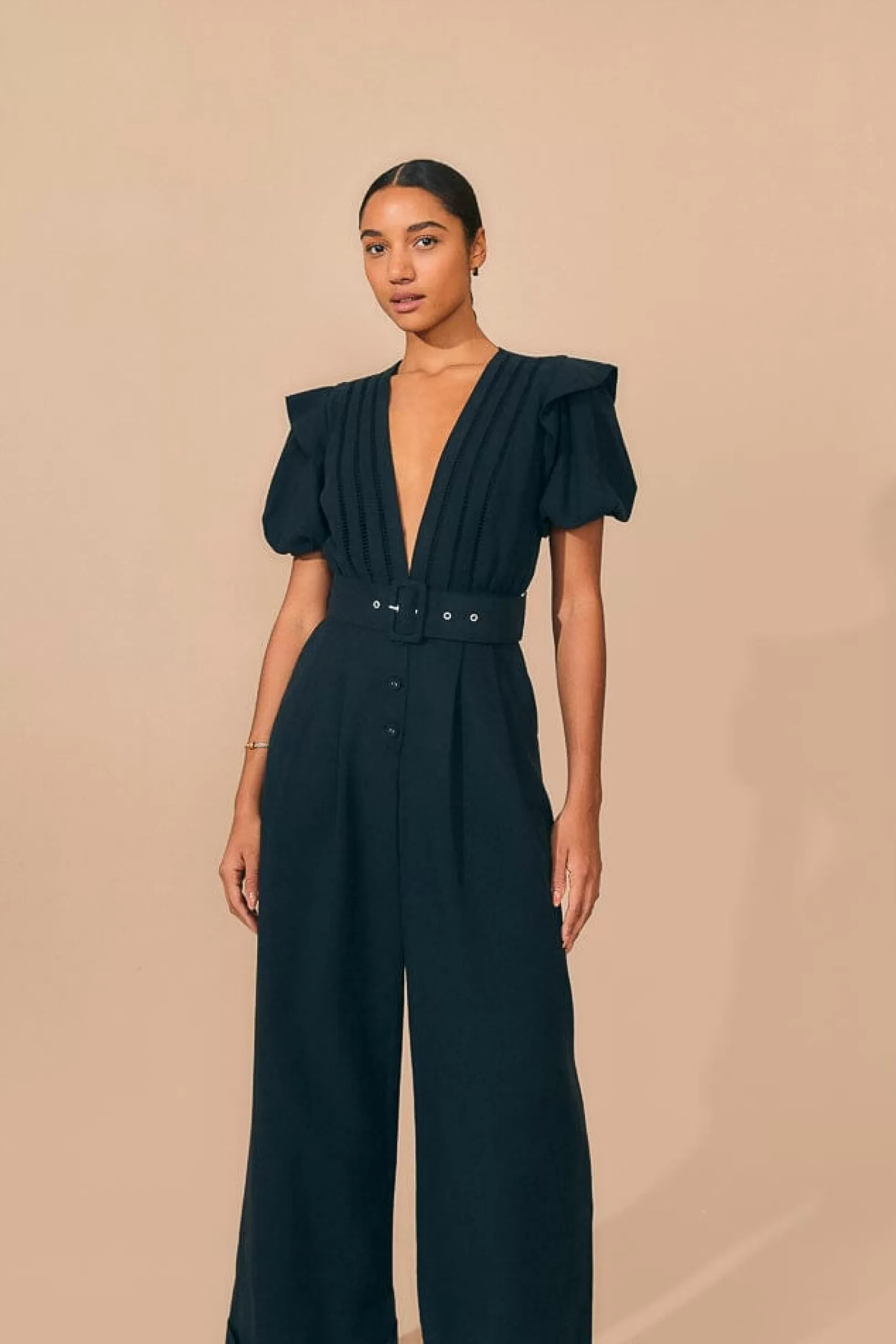 FARM Rio  BLACK PLEATED SHORT SLEEVE JUMPSUIT Clearance