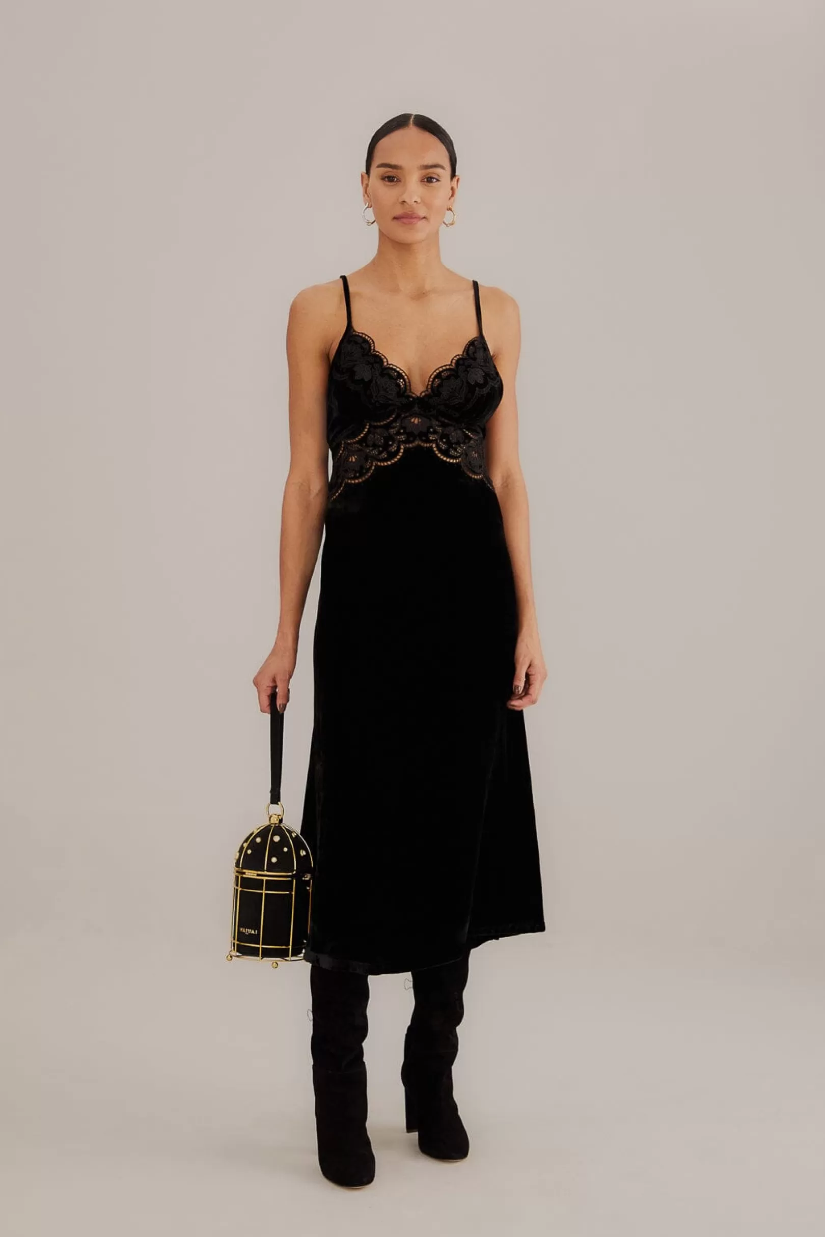 FARM Rio  BLACK RICHELIEU VELVET SLIP DRESS Best