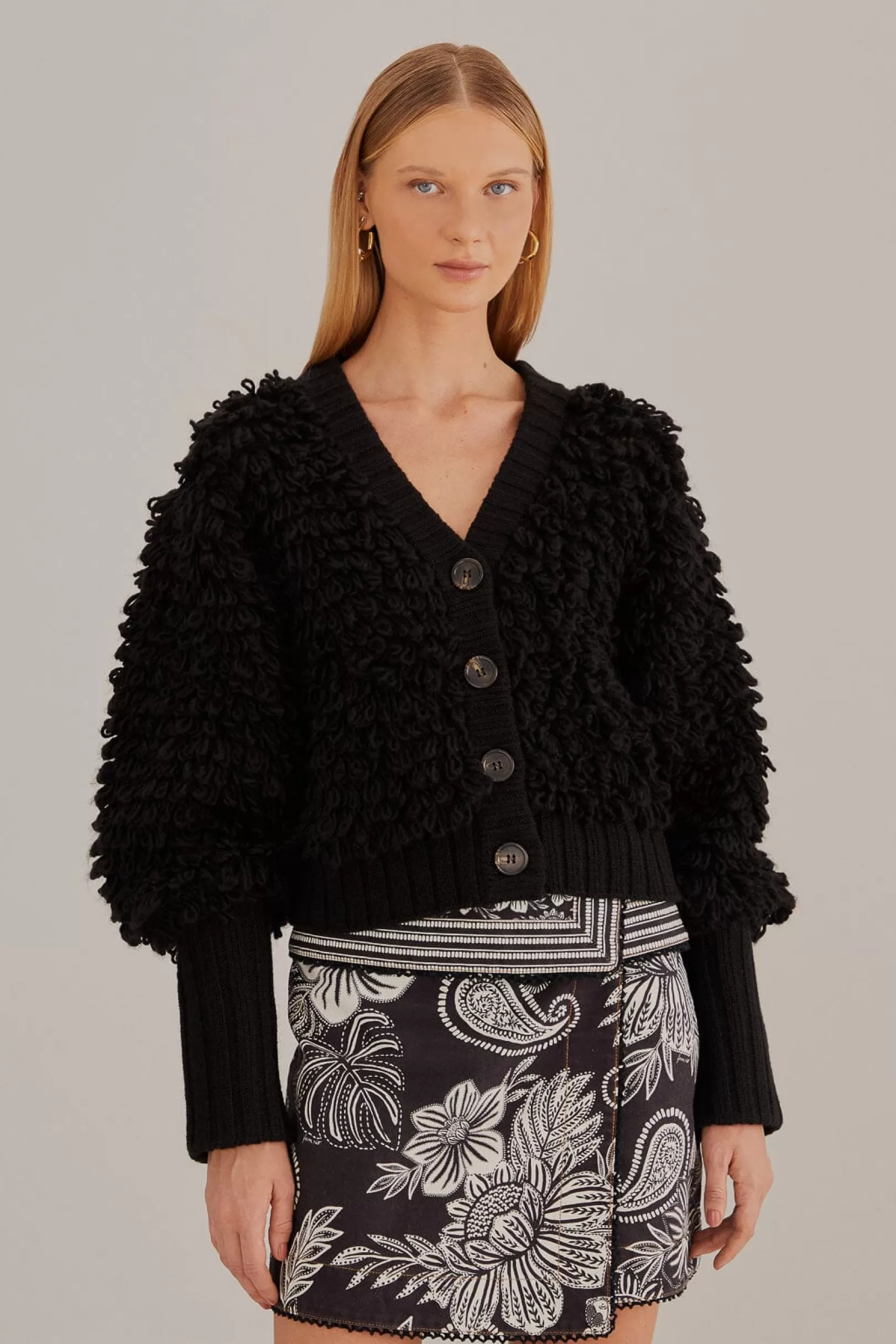 FARM Rio  BLACK TEXTURED V NECK CARDIGAN Best