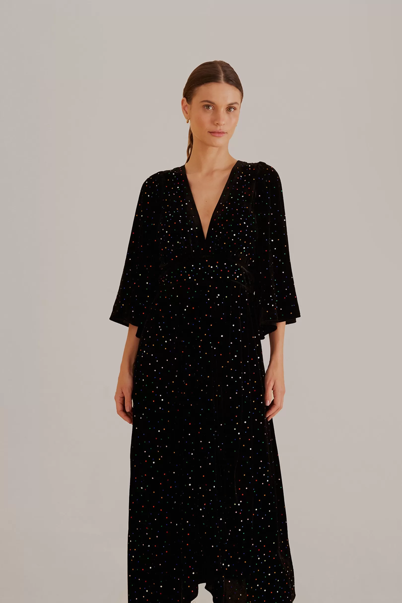 FARM Rio  BLACK VELVET  SHORT SLEEVE MIDI DRESS Sale