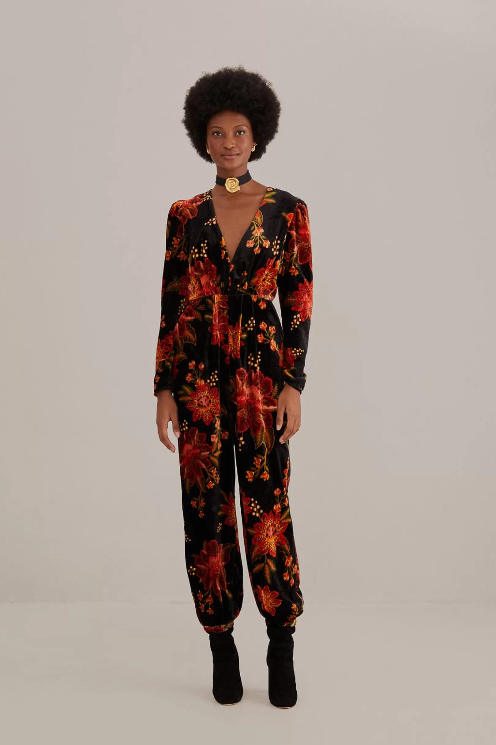 FARM Rio  BLACK WINTER BLOOM V NECK JUMPSUIT Outlet