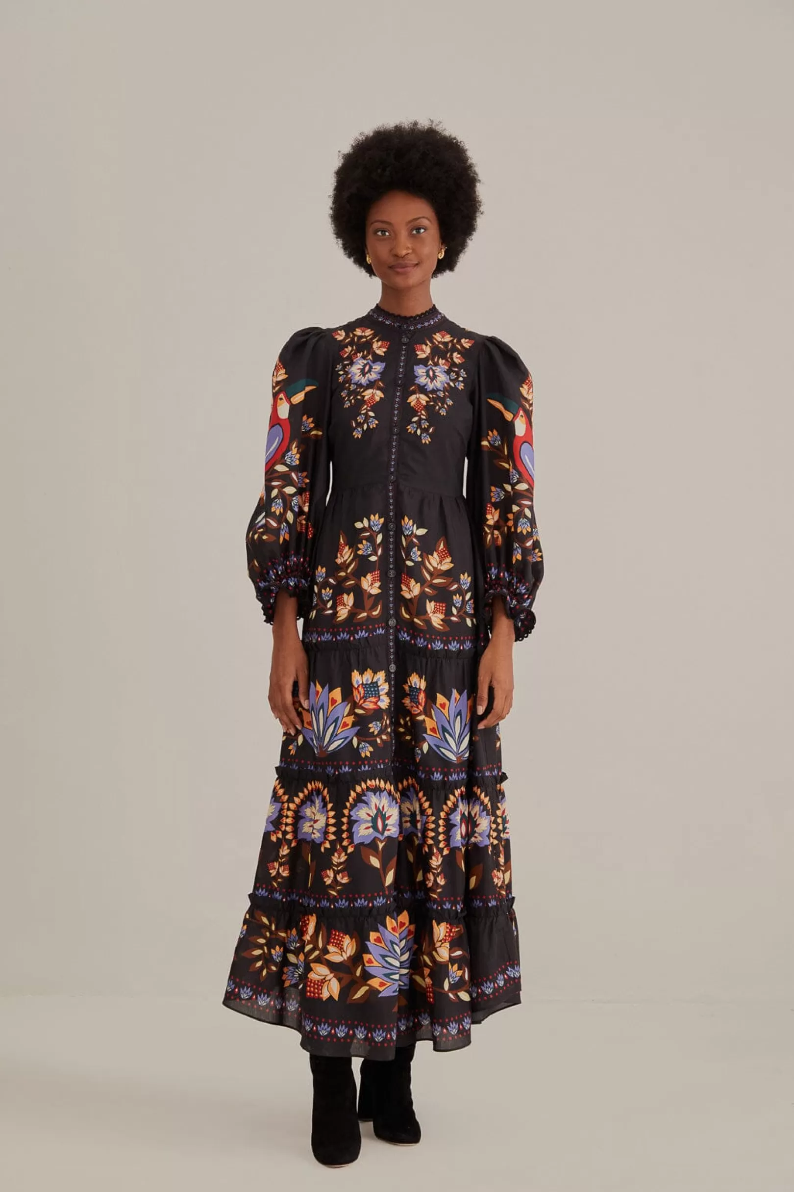 FARM Rio  BLACK WINTER GARDEN LONG SLEEVE MAXI DRESS Sale