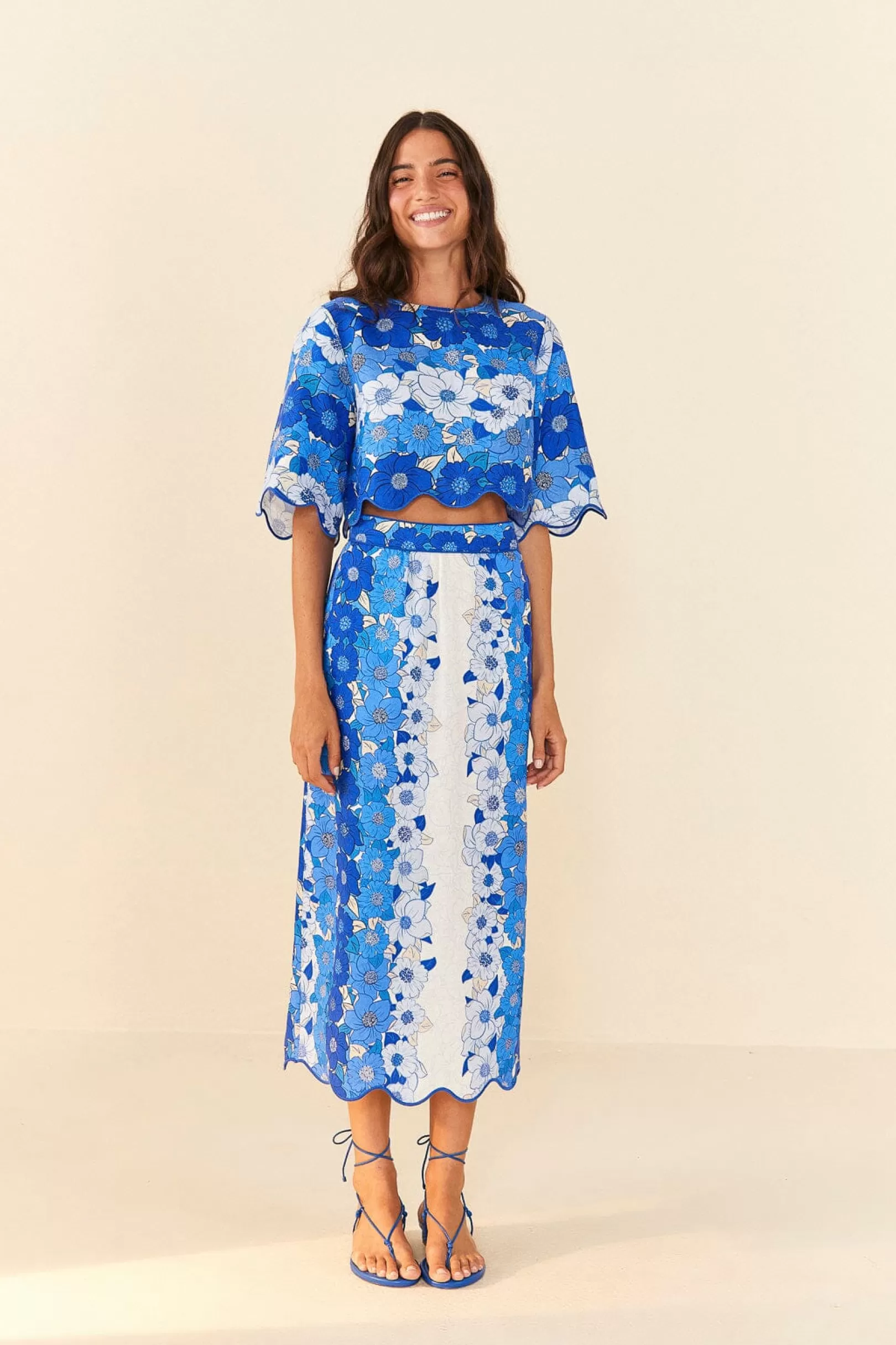 FARM Rio  BLUE FLOWER STRIPES MIDI SKIRT Discount