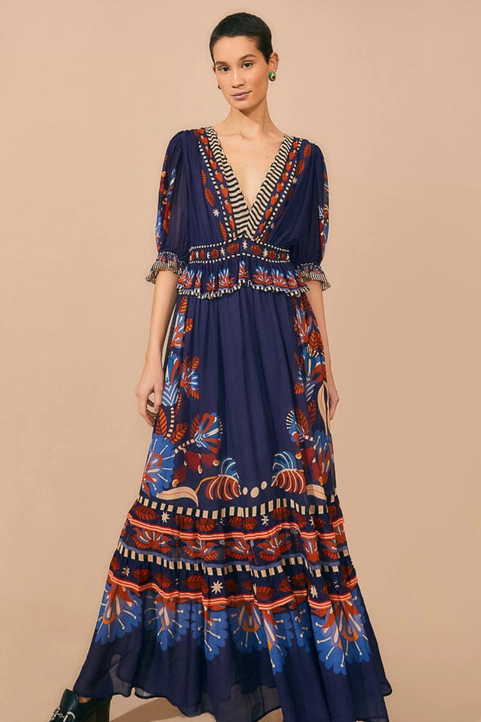 FARM Rio  BLUE NATURE BEAUTY SHORT SLEEVE MAXI DRESS Clearance