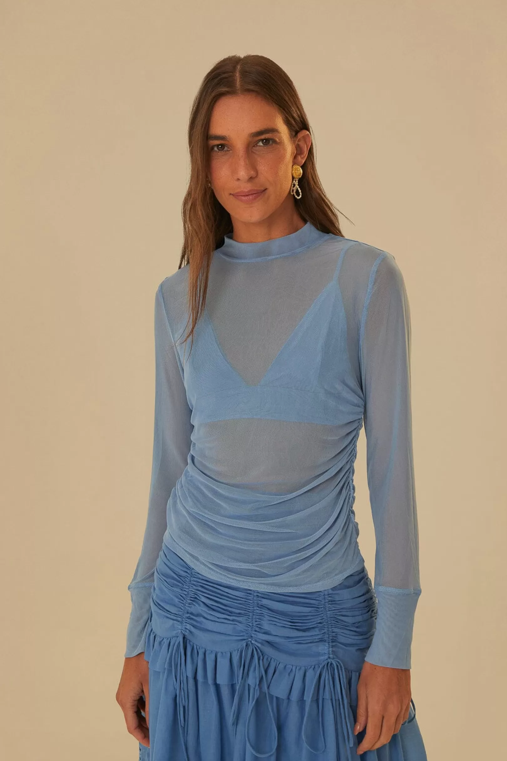 FARM Rio  BLUE TULLE LONG SLEEVED BLOUSE Best