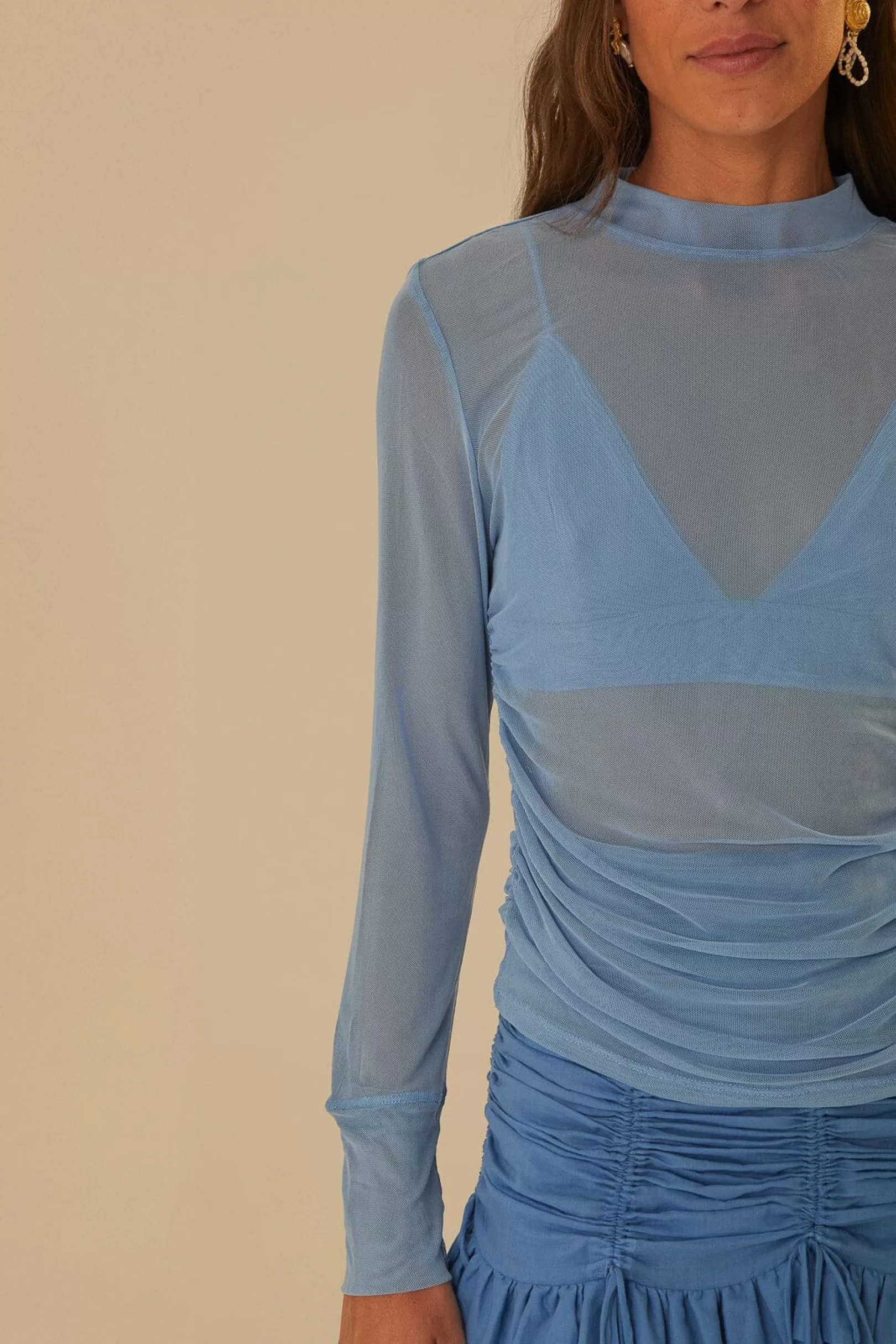 FARM Rio  BLUE TULLE LONG SLEEVED BLOUSE Best