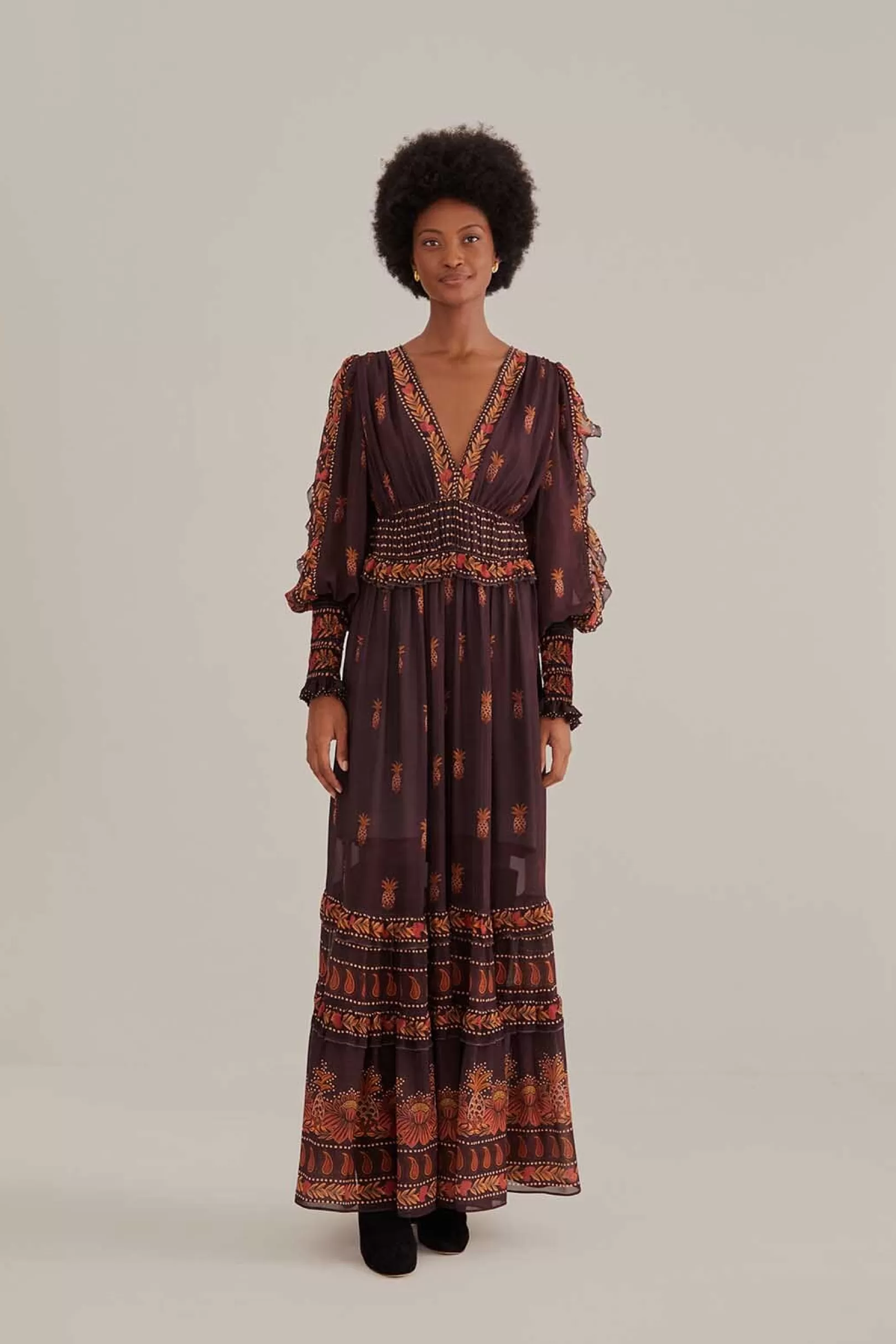 FARM Rio  BROWN PAISLEY BLOOM LONG SLEEVE MAXI DRESS Best