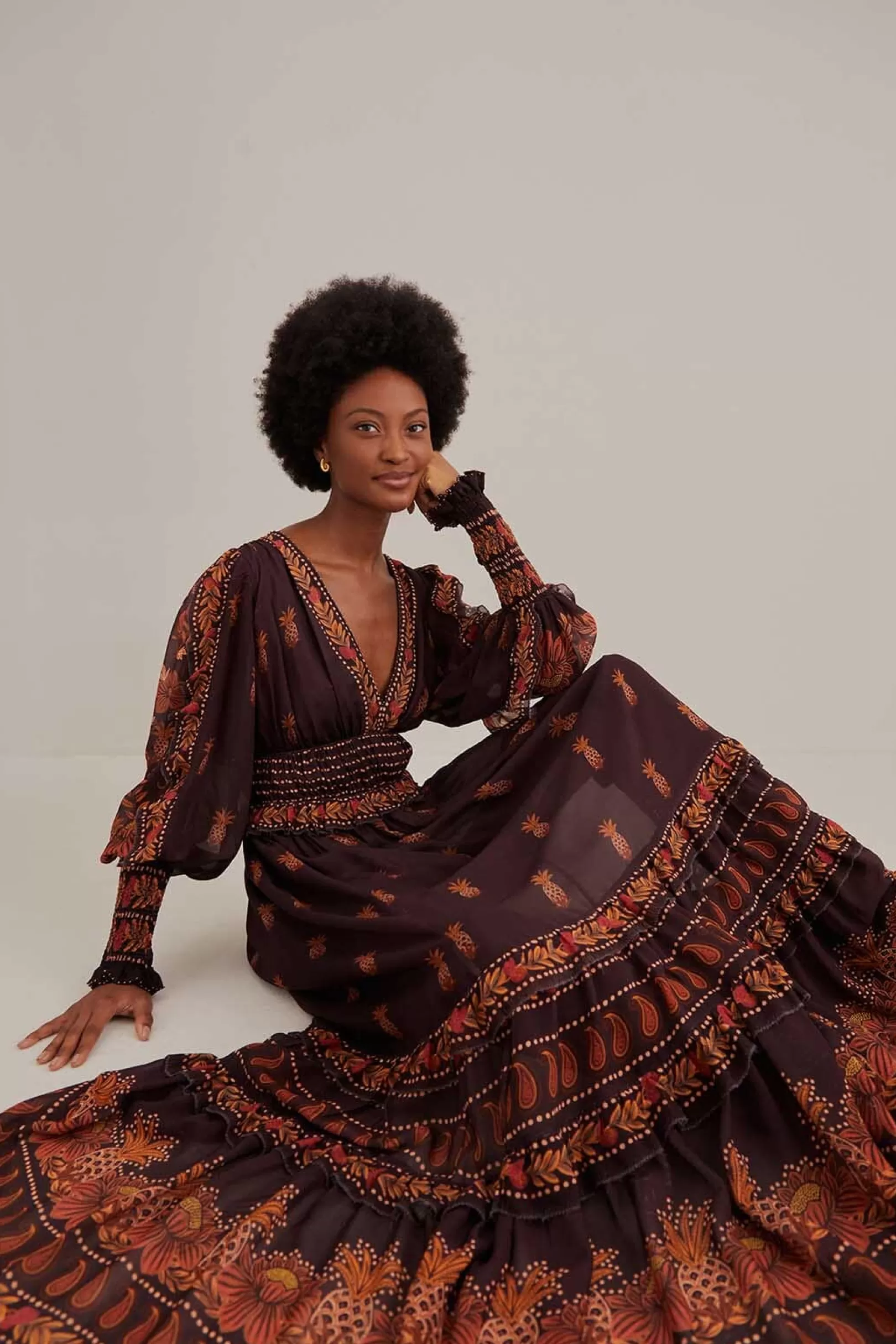 FARM Rio  BROWN PAISLEY BLOOM LONG SLEEVE MAXI DRESS Best