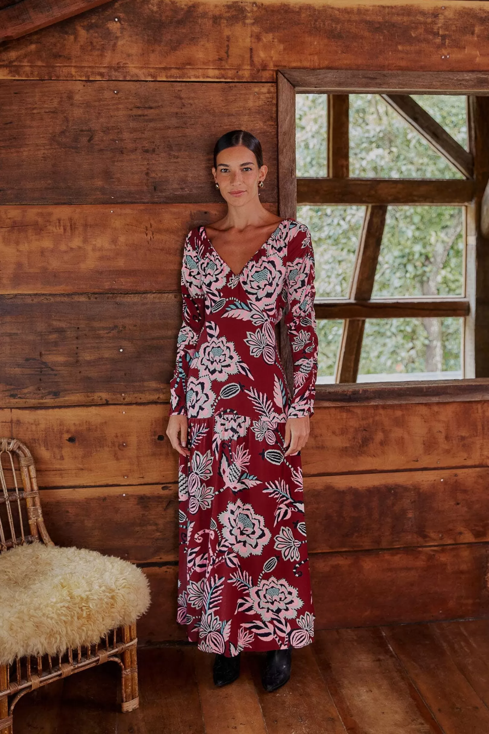 FARM Rio  BURGUNDY PINEAPPLE INSPIRATION V NECK MAXI DRESS Clearance