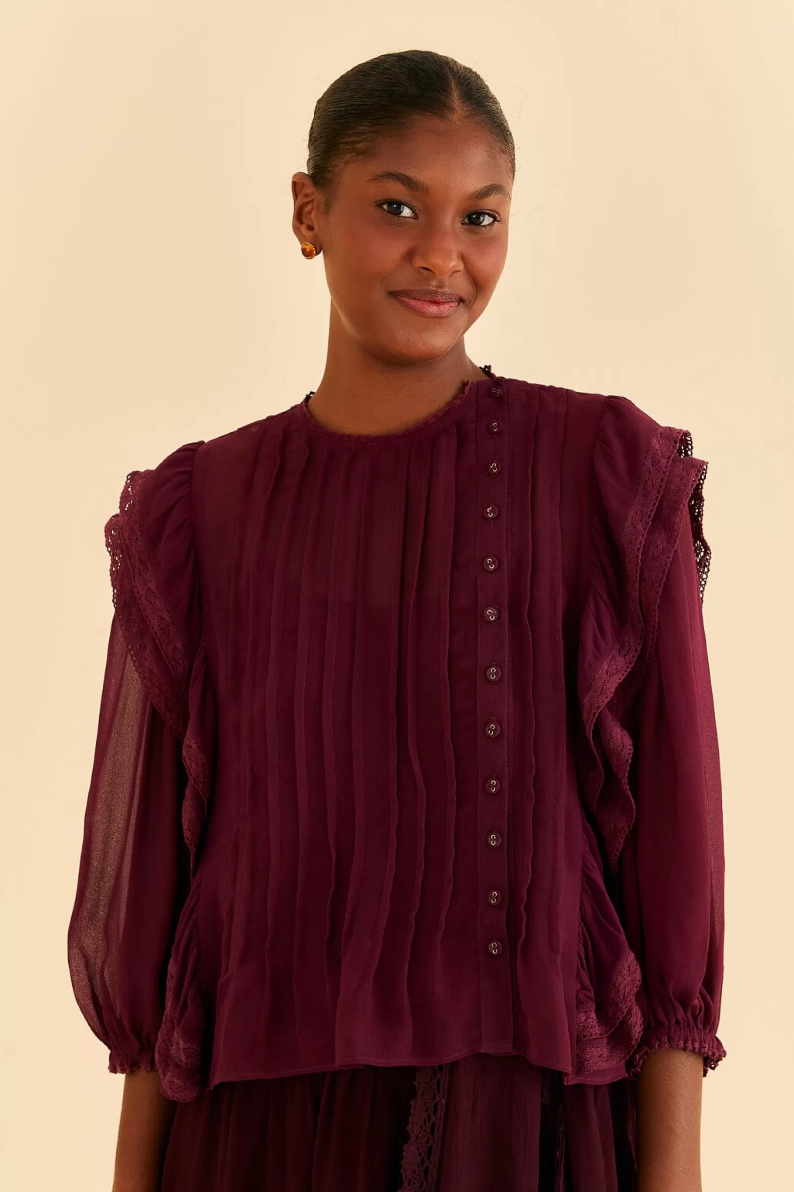 FARM Rio  BURGUNDY RUFFLE BLOUSE Outlet