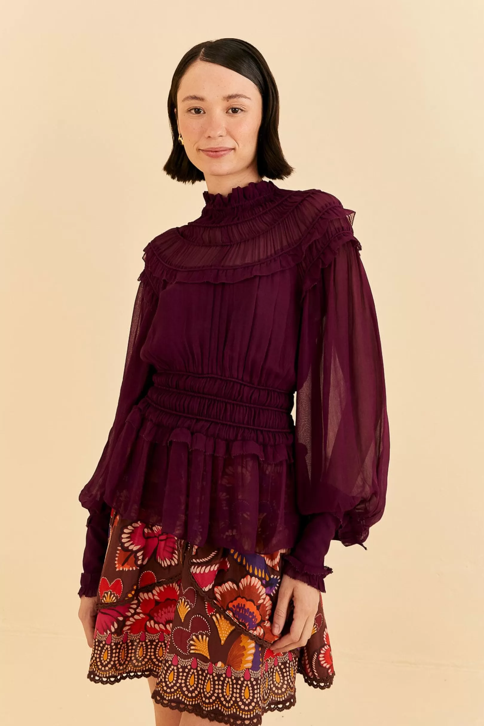 FARM Rio  BURGUNDY RUFFLE HIGH NECK BLOUSE Best