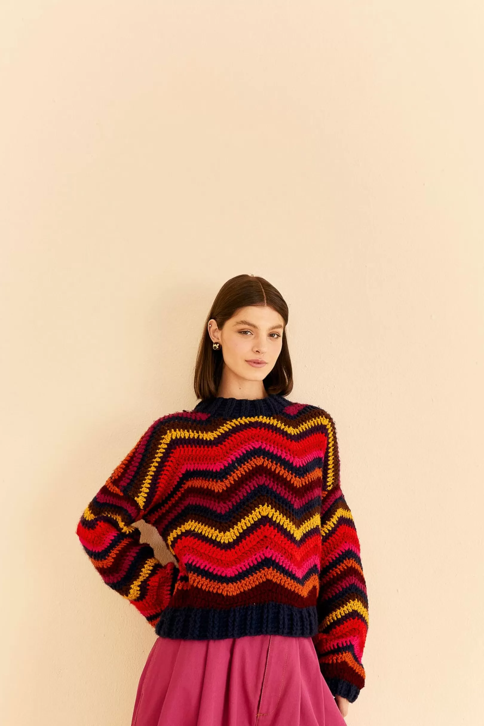 FARM Rio  COLORFUL WAVES CROCHET HIGH NECK SWEATER Shop