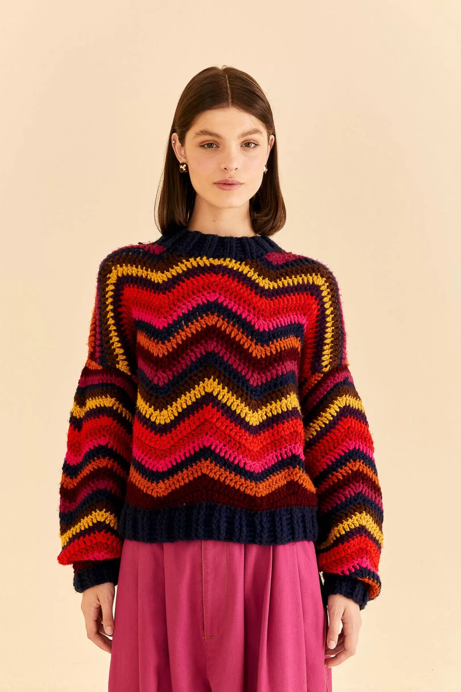 FARM Rio  COLORFUL WAVES CROCHET HIGH NECK SWEATER Shop