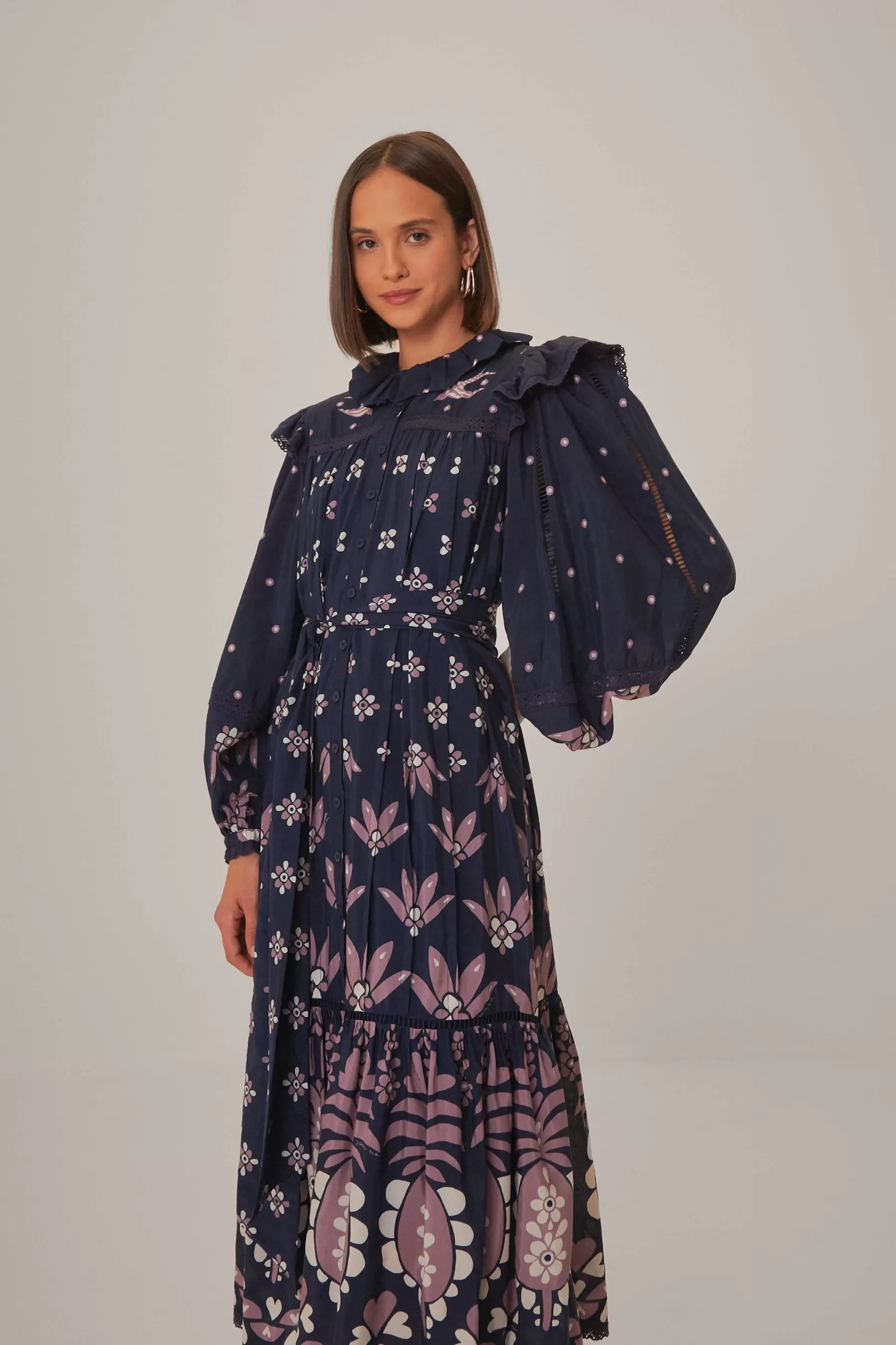 FARM Rio  DARK BLUE AINIKA MARTINA LONG SLEEVE MIDI DRESS Clearance