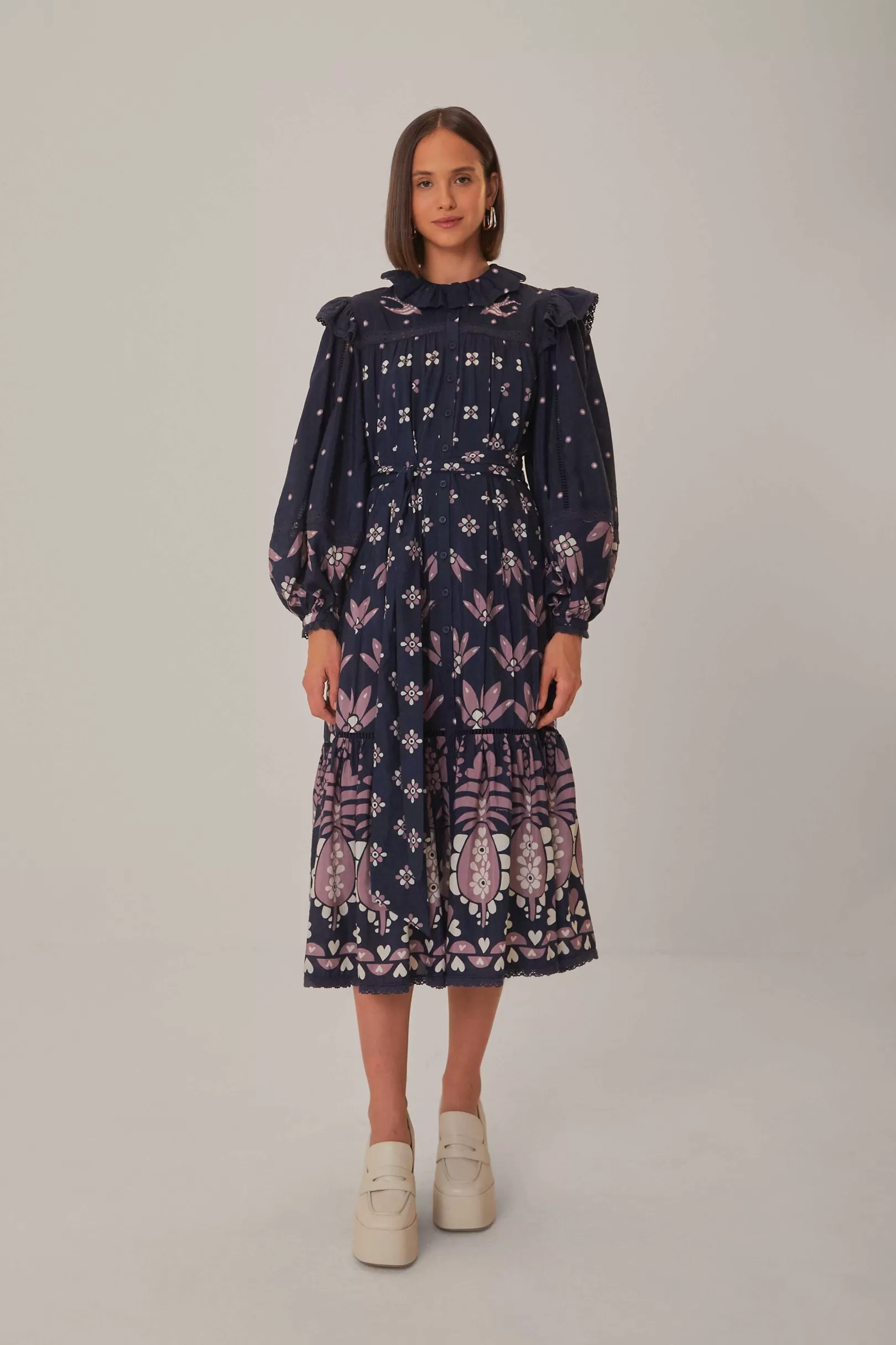 FARM Rio  DARK BLUE AINIKA MARTINA LONG SLEEVE MIDI DRESS Clearance