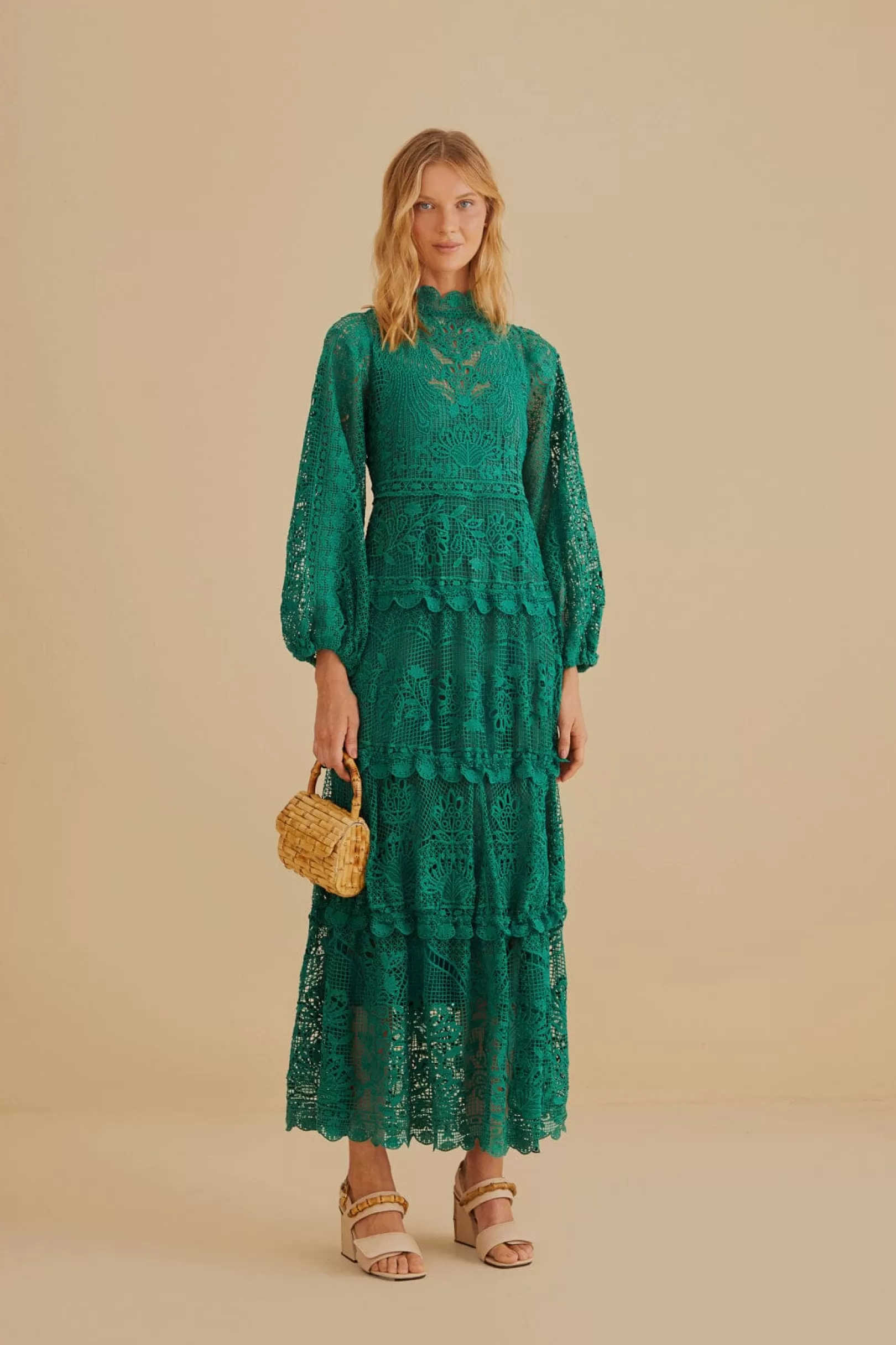 FARM Rio  DARK GREEN GUIPURE LONG SLEEVE MAXI DRESS Clearance