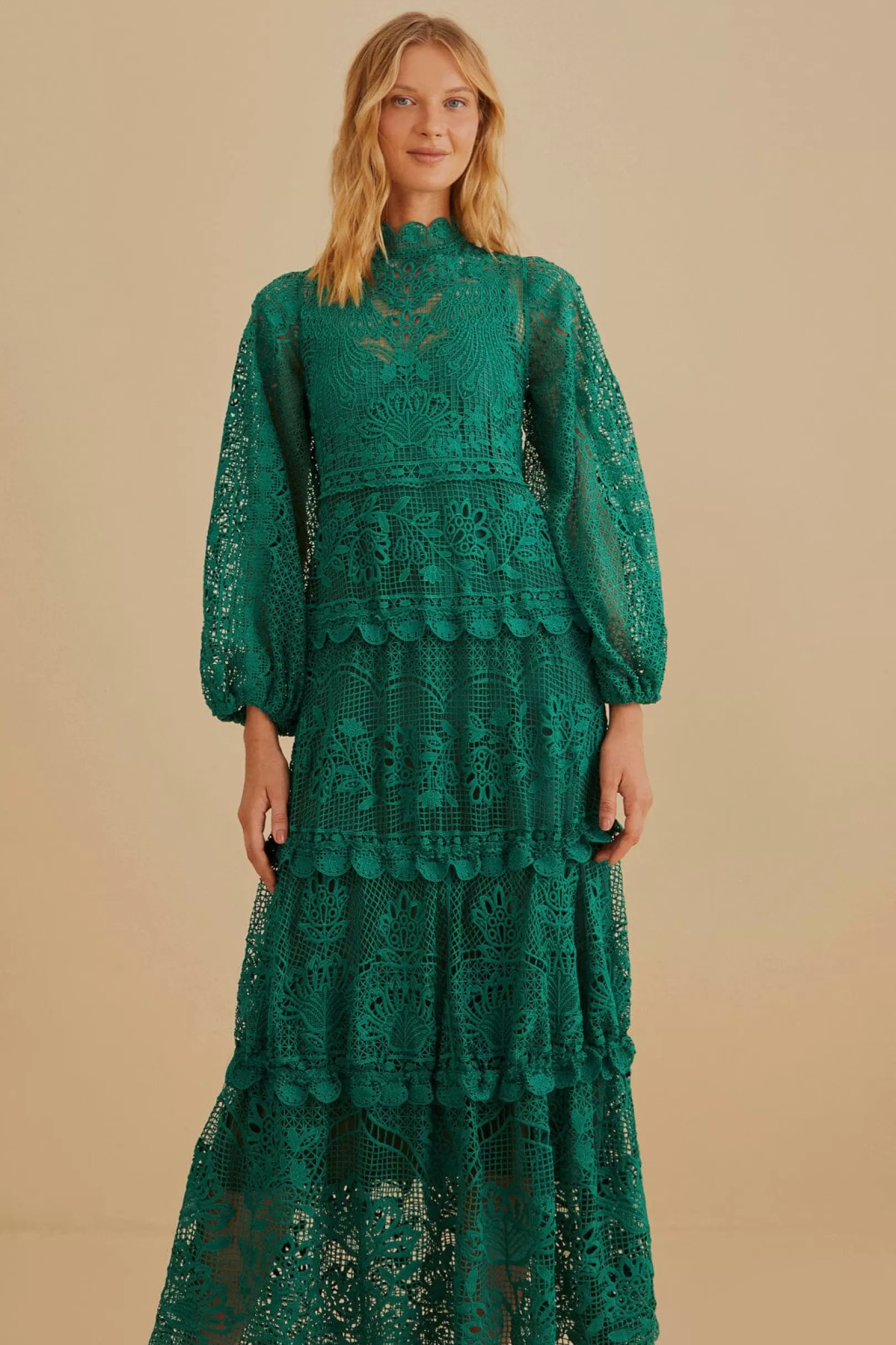 FARM Rio  DARK GREEN GUIPURE LONG SLEEVE MAXI DRESS Clearance