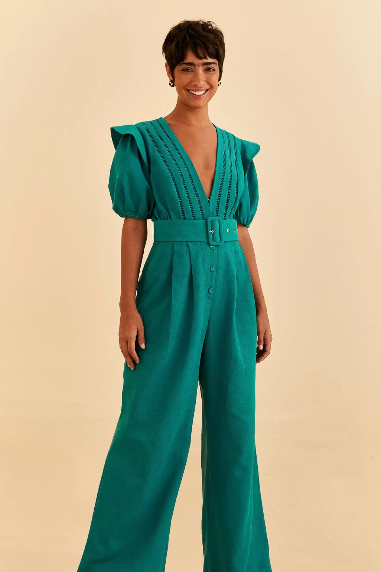 FARM Rio  EMERALD PLEATED SHORT SLEEVE JUMPSUIT Cheap