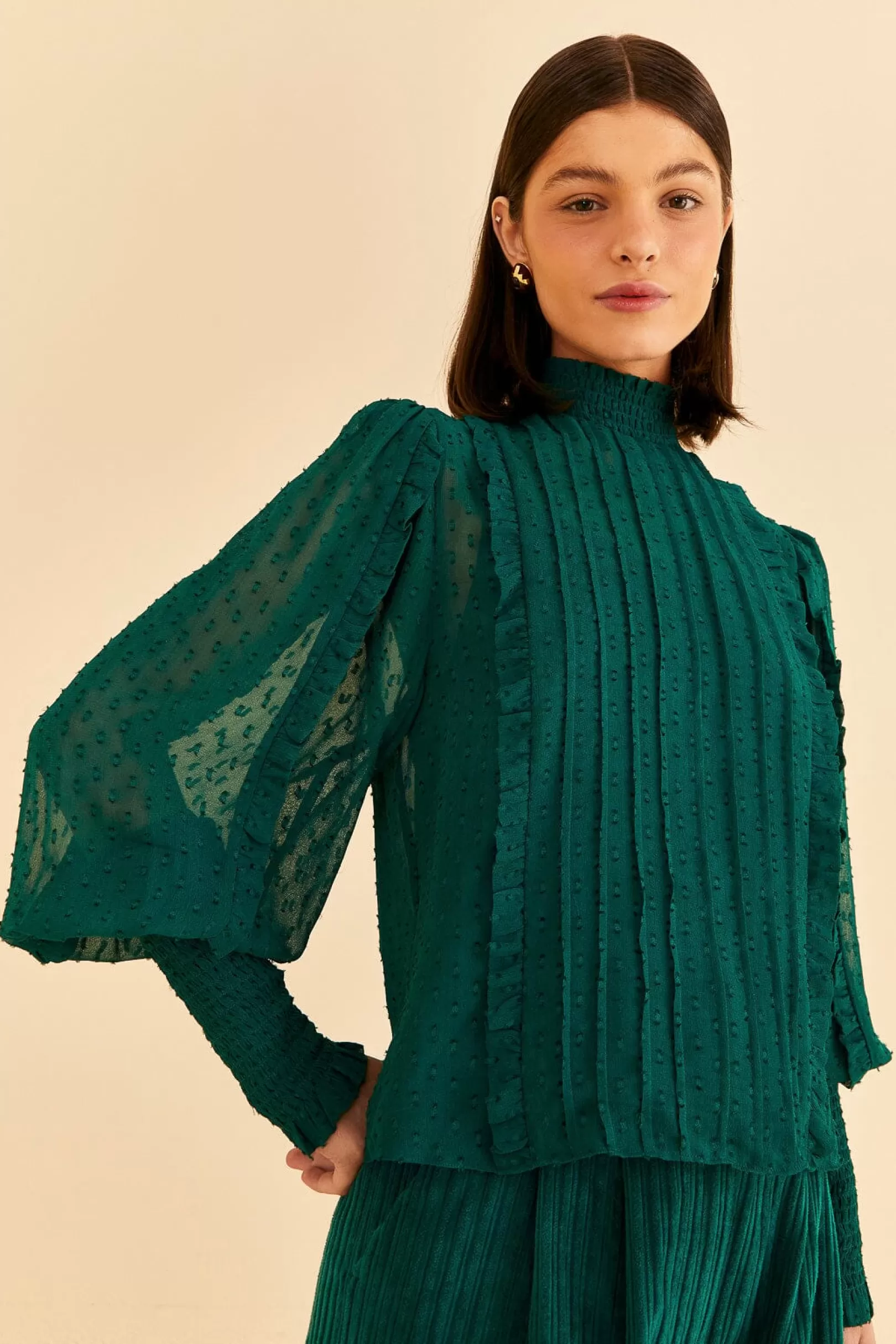 FARM Rio  EMERALD RUFFLE LONG SLEEVE BLOUSE Best Sale