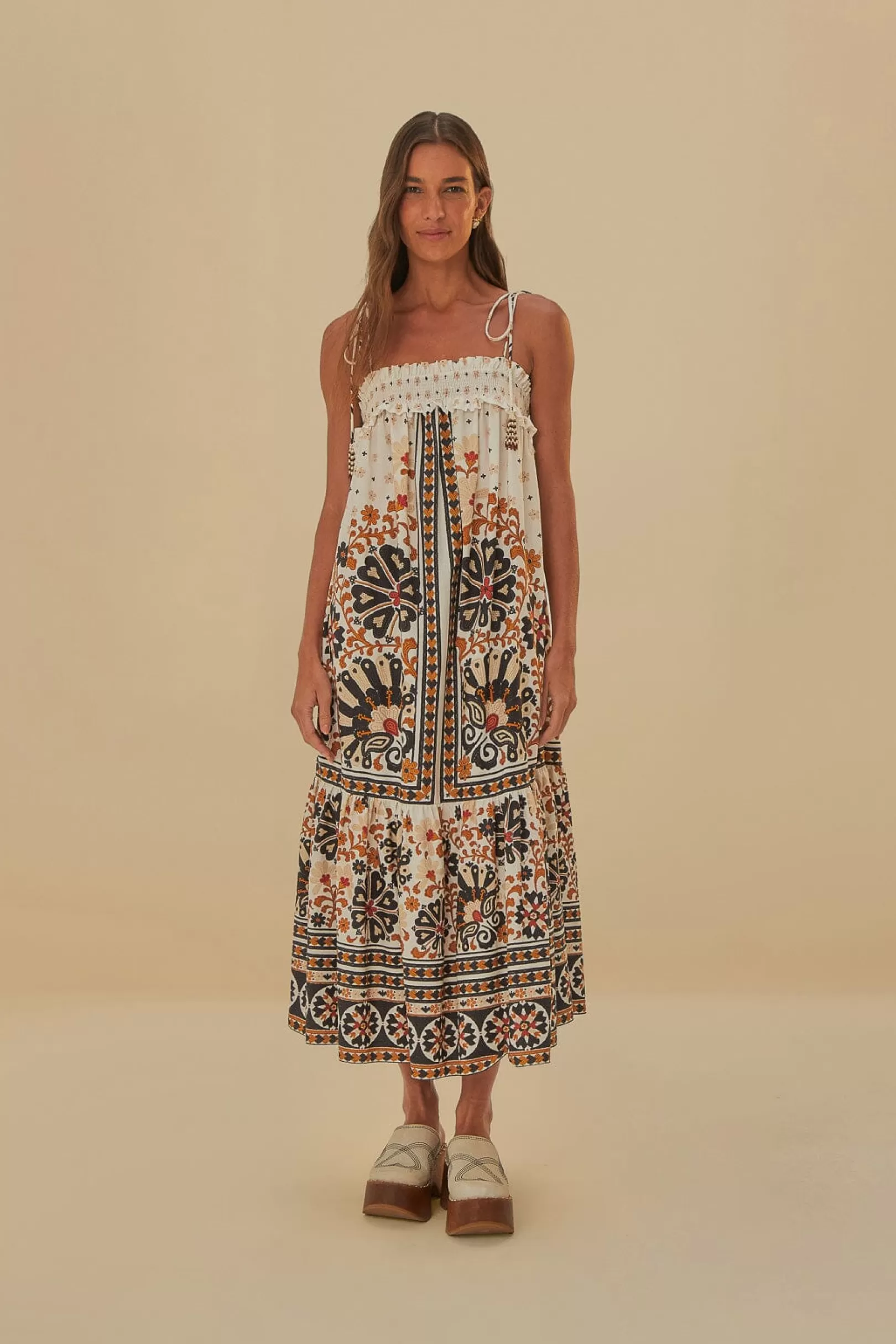 FARM Rio  FLOWER FAN TAPESTRY OFF-WHITE MIDI DRESS Online