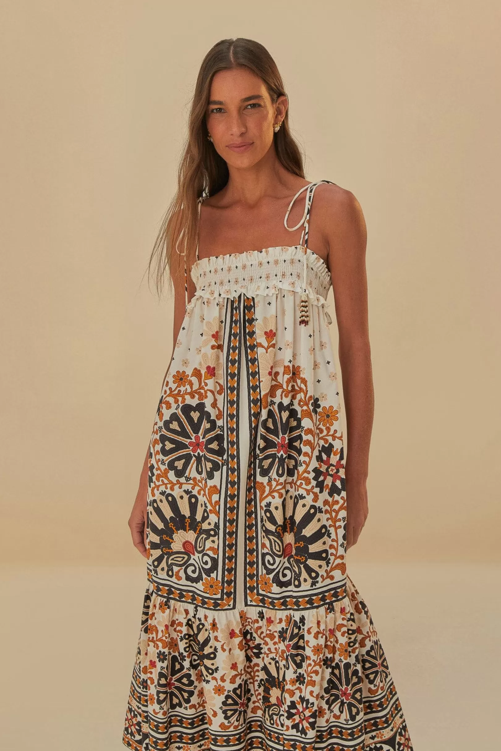 FARM Rio  FLOWER FAN TAPESTRY OFF-WHITE MIDI DRESS Online