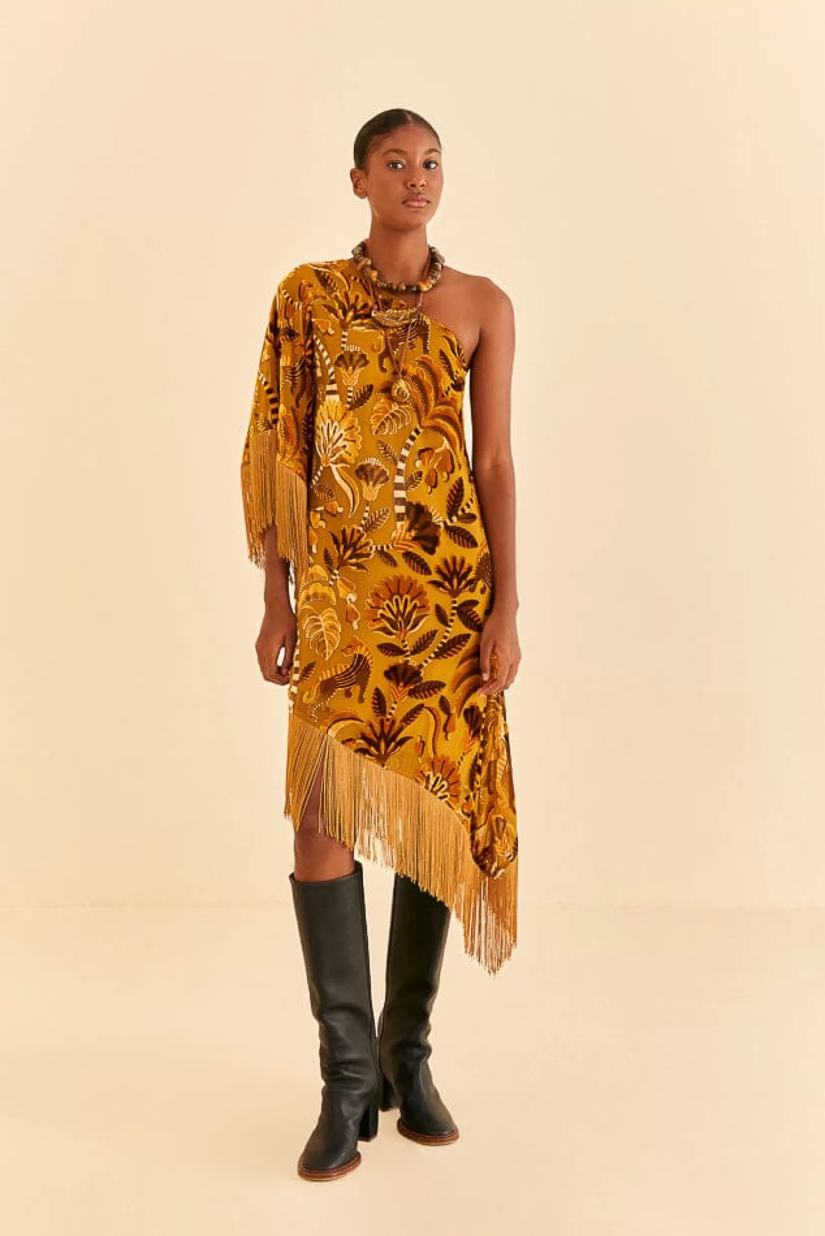 FARM Rio  GOLDEN YELLOW VELVET ONE SHOULDER FRINGE DRESS New