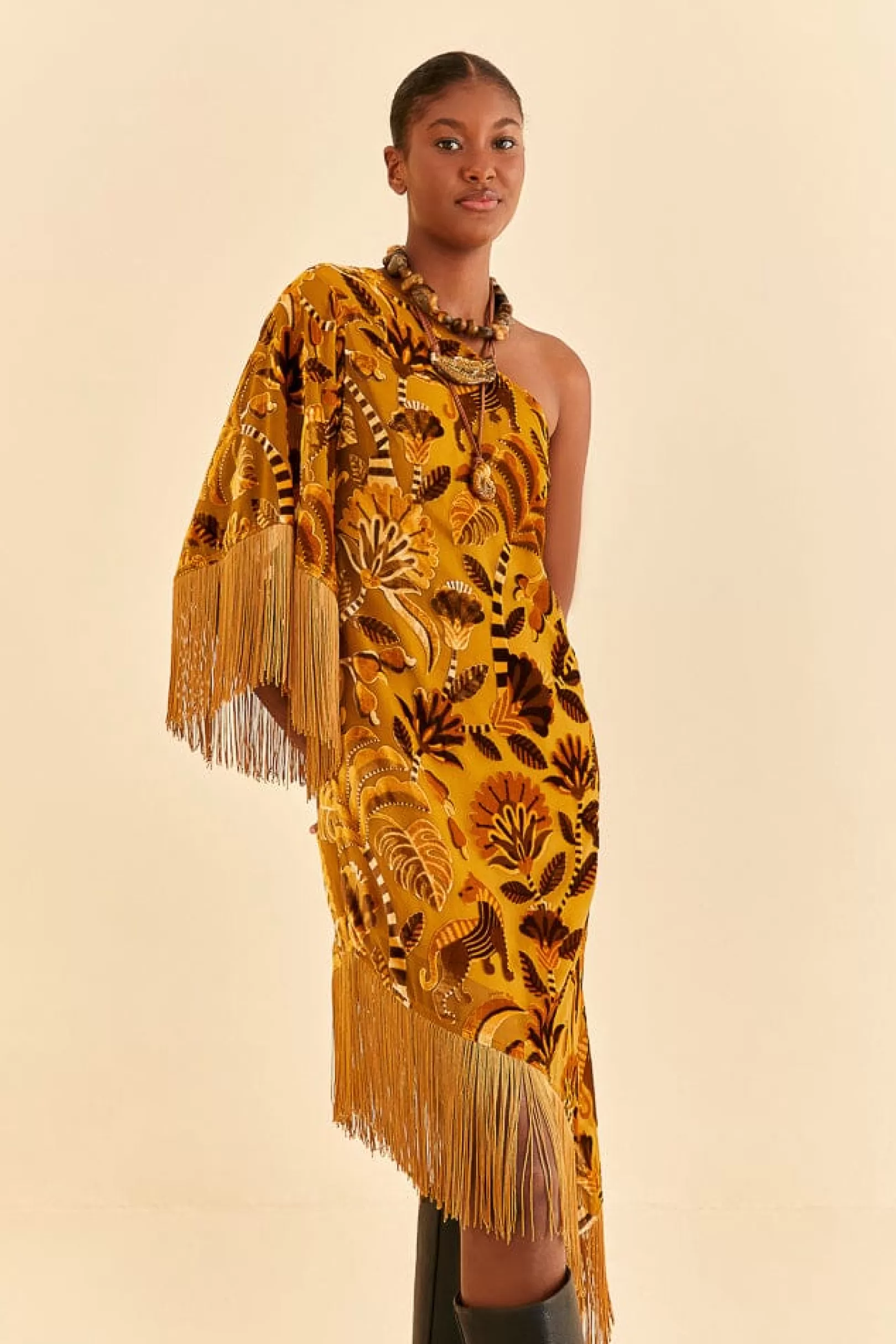 FARM Rio  GOLDEN YELLOW VELVET ONE SHOULDER FRINGE DRESS New