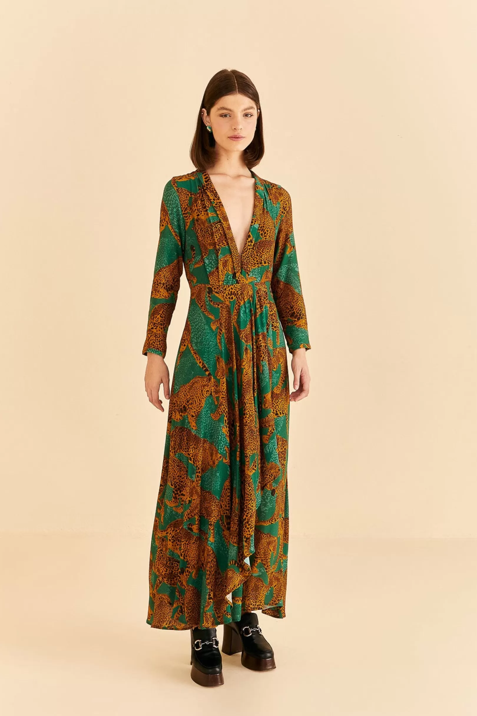 FARM Rio  GREEN ARTSY LEOPARDS LONG SLEEVE MAXI DRESS Best