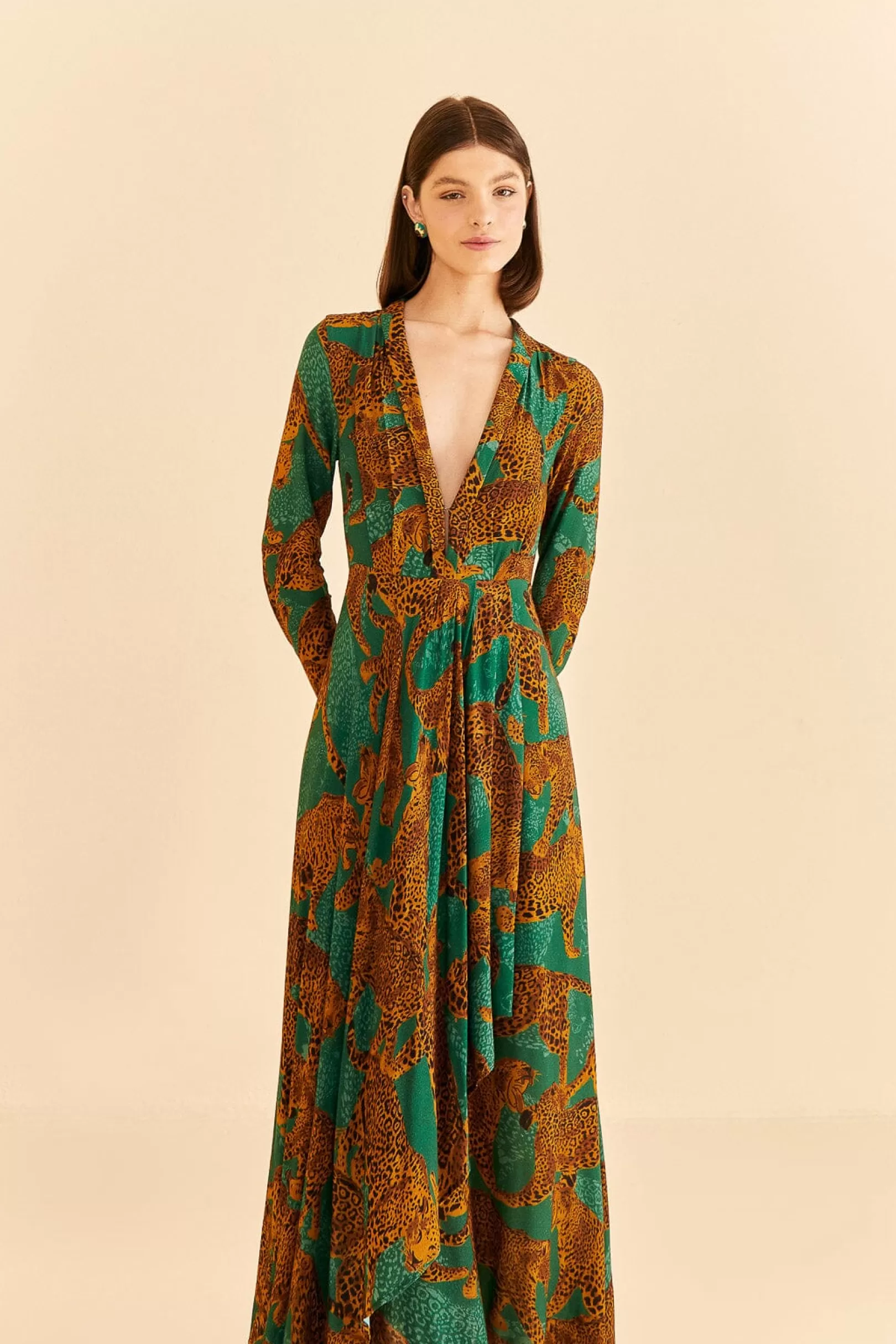 FARM Rio  GREEN ARTSY LEOPARDS LONG SLEEVE MAXI DRESS Best