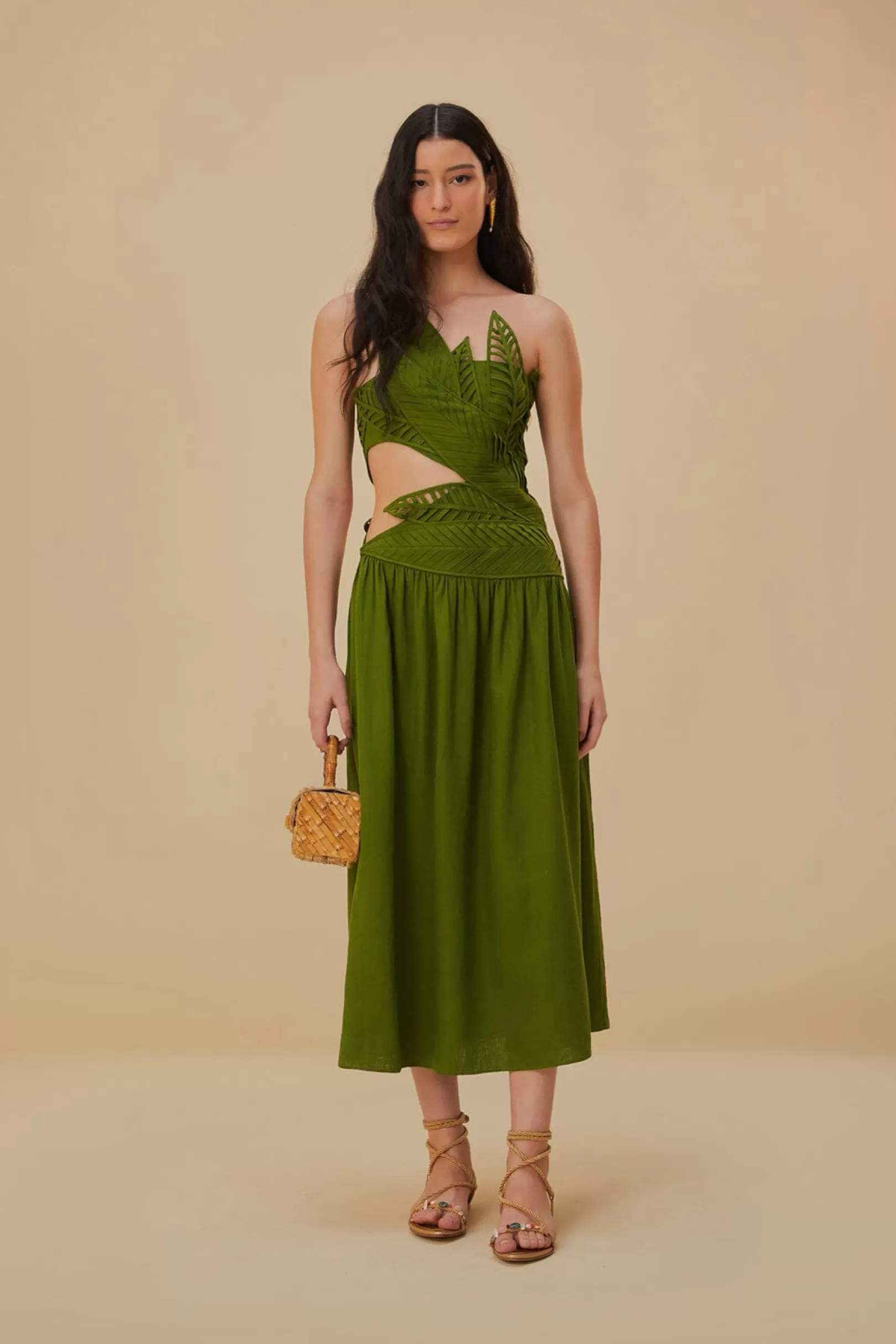 FARM Rio  GREEN LEAVES CUT OUT MIDI DRESS Clearance