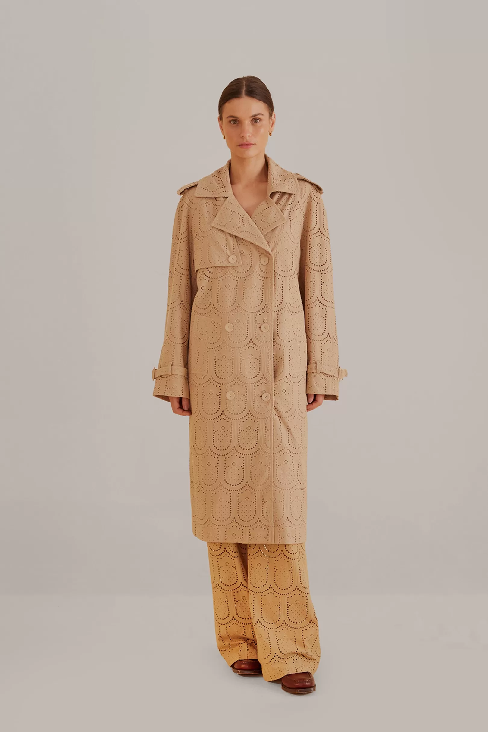 FARM Rio  KHAKI PINEAPPLE COTTON EYELET TRENCH COAT Outlet