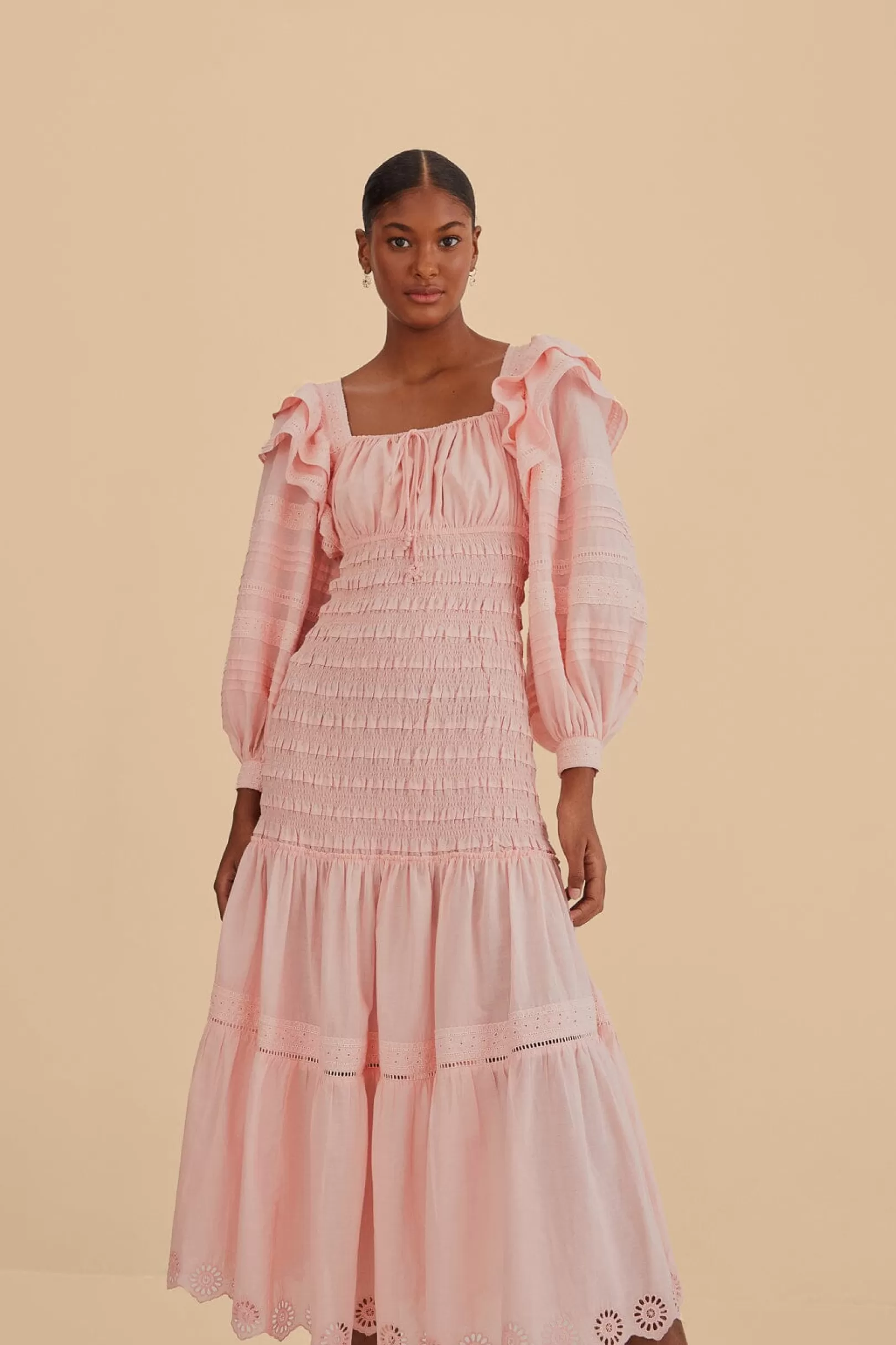 FARM Rio  LIGHT PINK LONG SLEEVE SMOCKED MIDI DRESS Shop