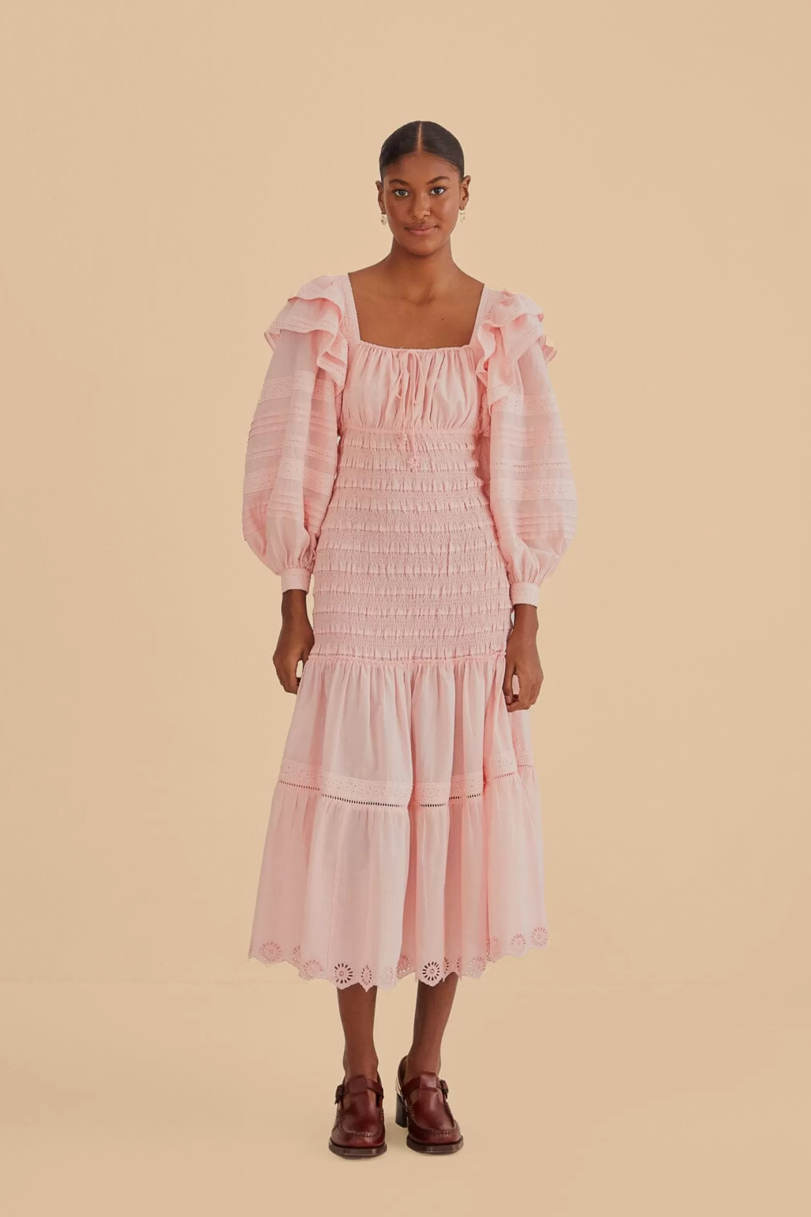 FARM Rio  LIGHT PINK LONG SLEEVE SMOCKED MIDI DRESS Shop